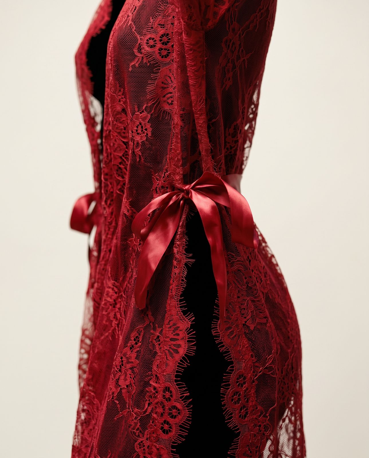 Vintage Red Lace Sheer Robe / Duster with Ribbon Tie