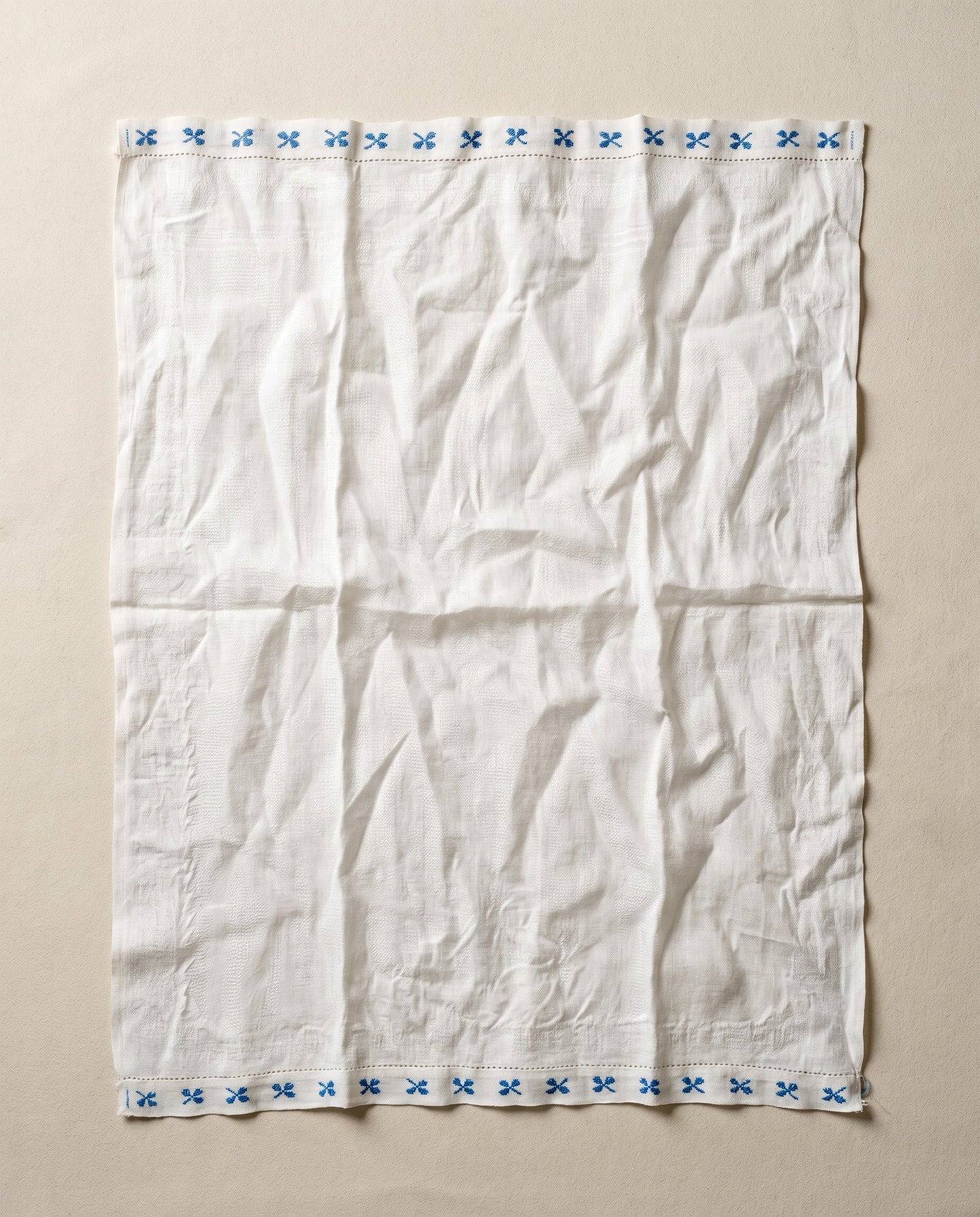 Vintage Linen Kitchen Towel with Blue Embroidered Trim