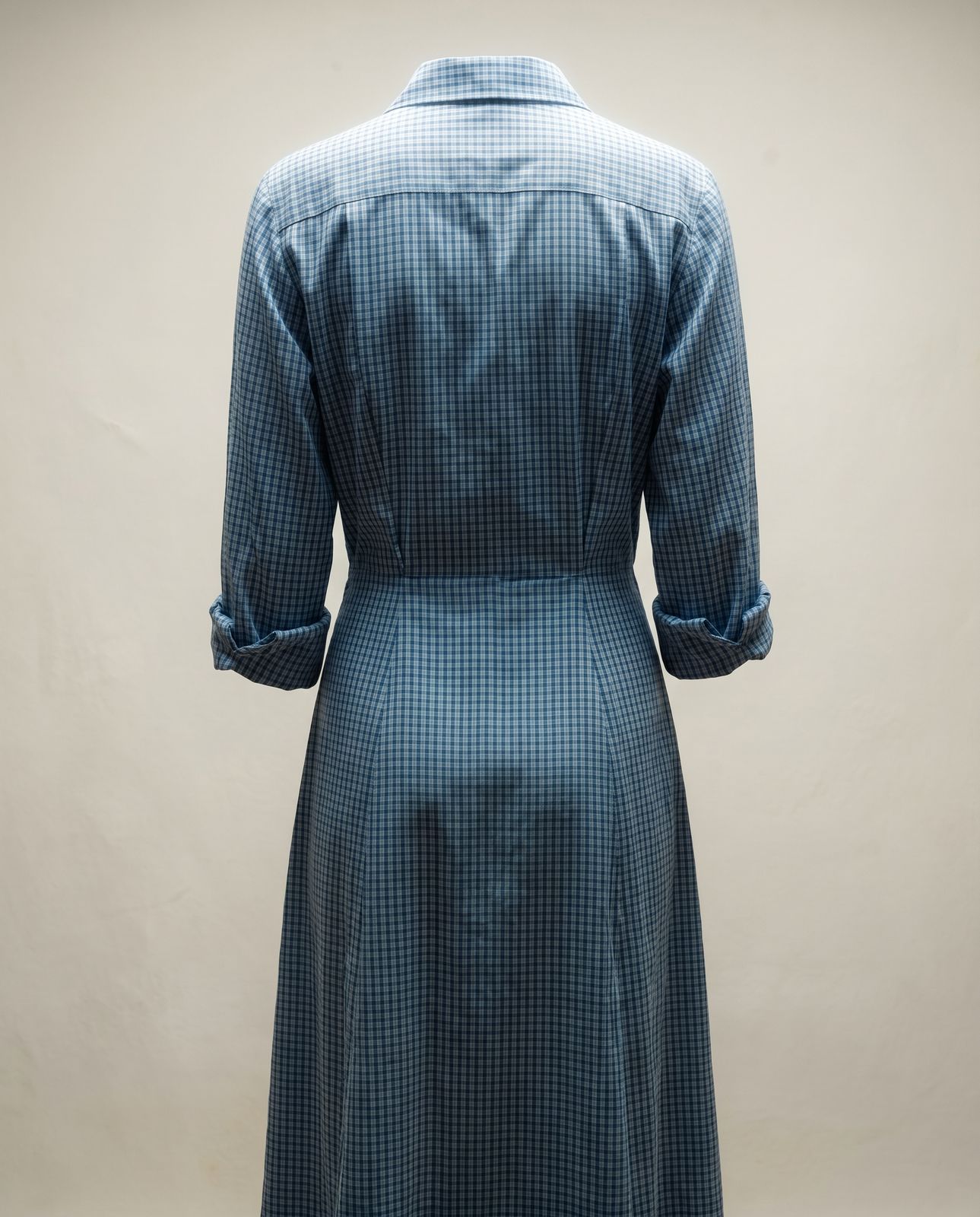 Vintage Blue Gingham Shirt Dress with Pink Button Details - M
