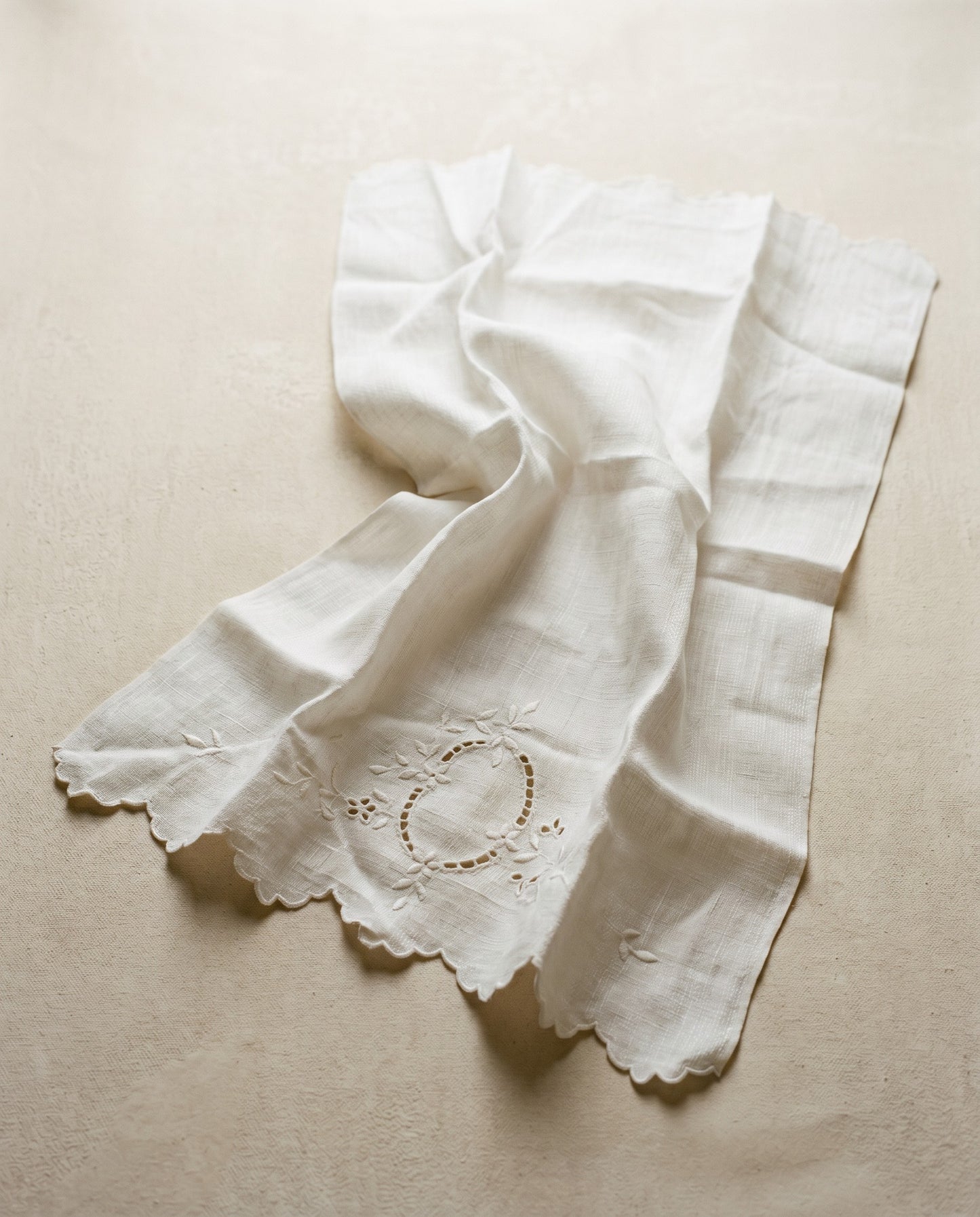 Vintage Linen Guest Towel with Scalloped Edge & Embroidered Medallion
