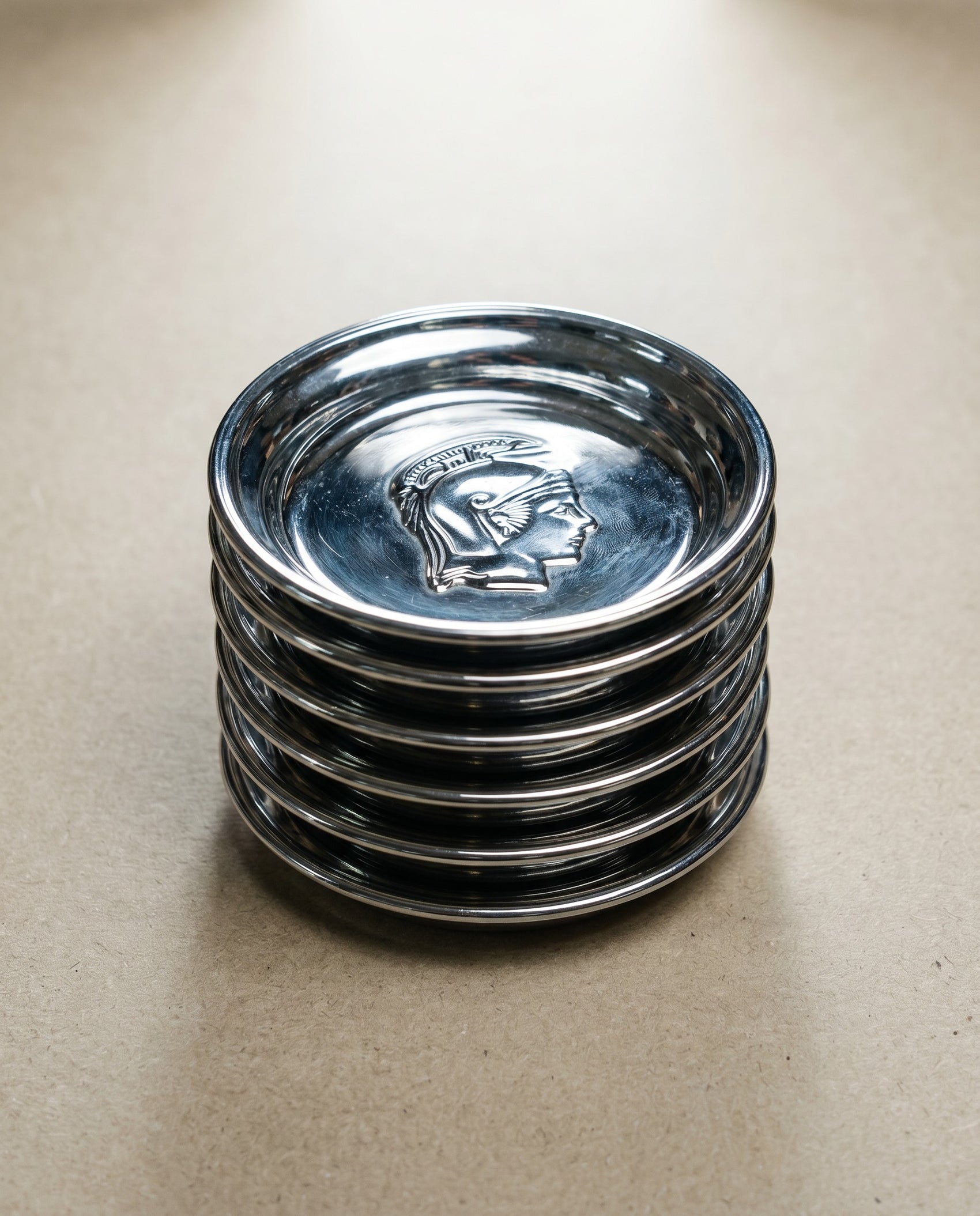 Vintage Chrome Coasters – Classical Gladiator Helmet Motif (Set of 6)