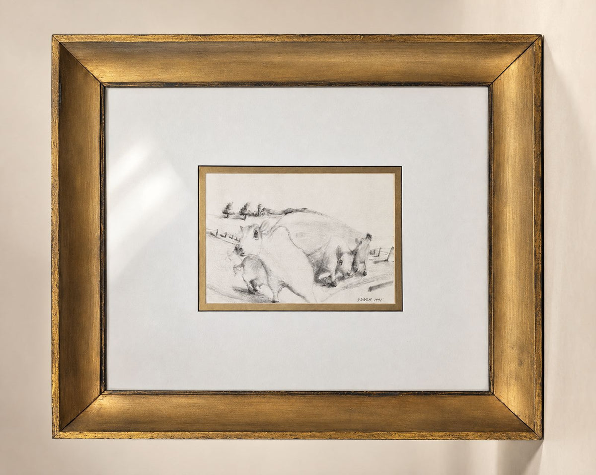 Vintage 1991 G. Smith Cattle Charcoal-Style Artwork in Gold Frame – 24.5" W × 20.5" H