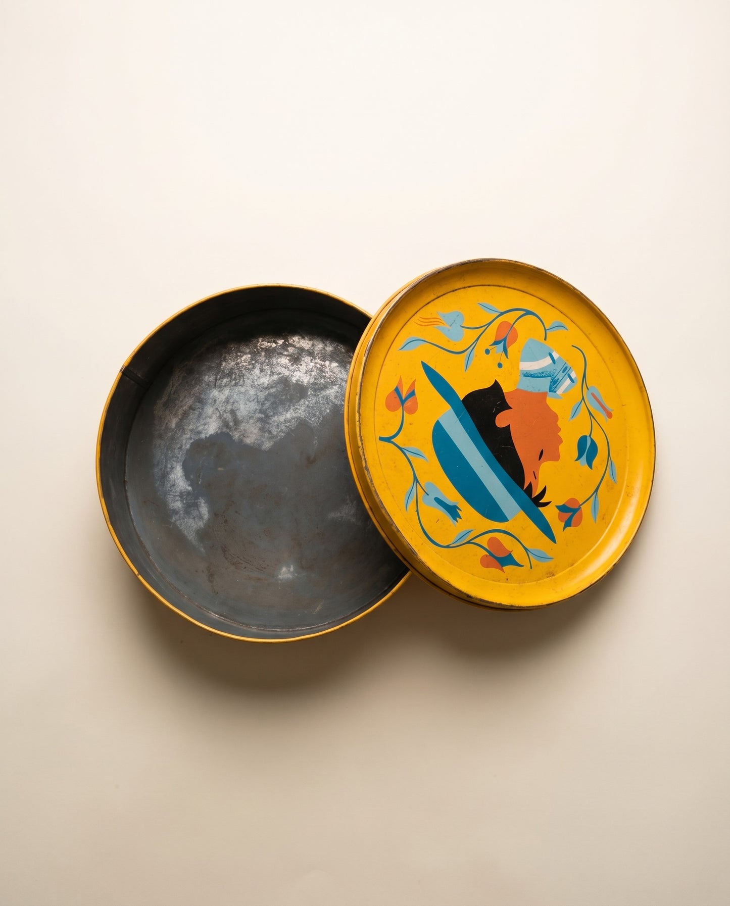 Vintage Folk Art Yellow Tin Container with Lid