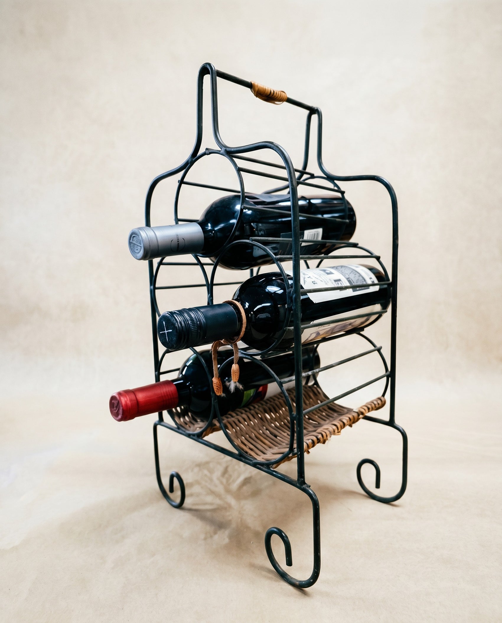 Vintage Wrought Iron Wine Rack with Wicker Base – 5 Bottle Holder
