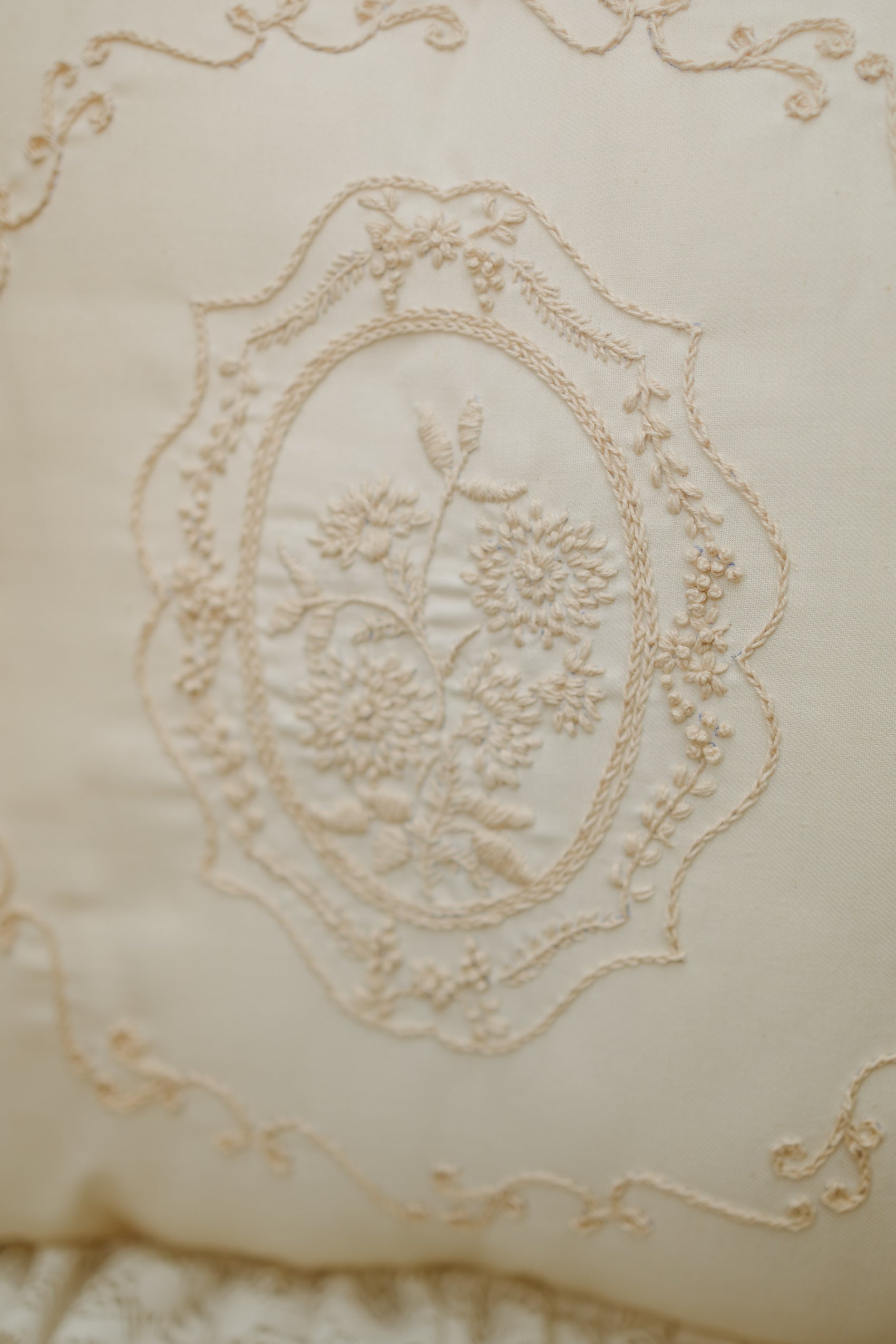 Vintage Ivory Lace & Embroidered Accent Pillow