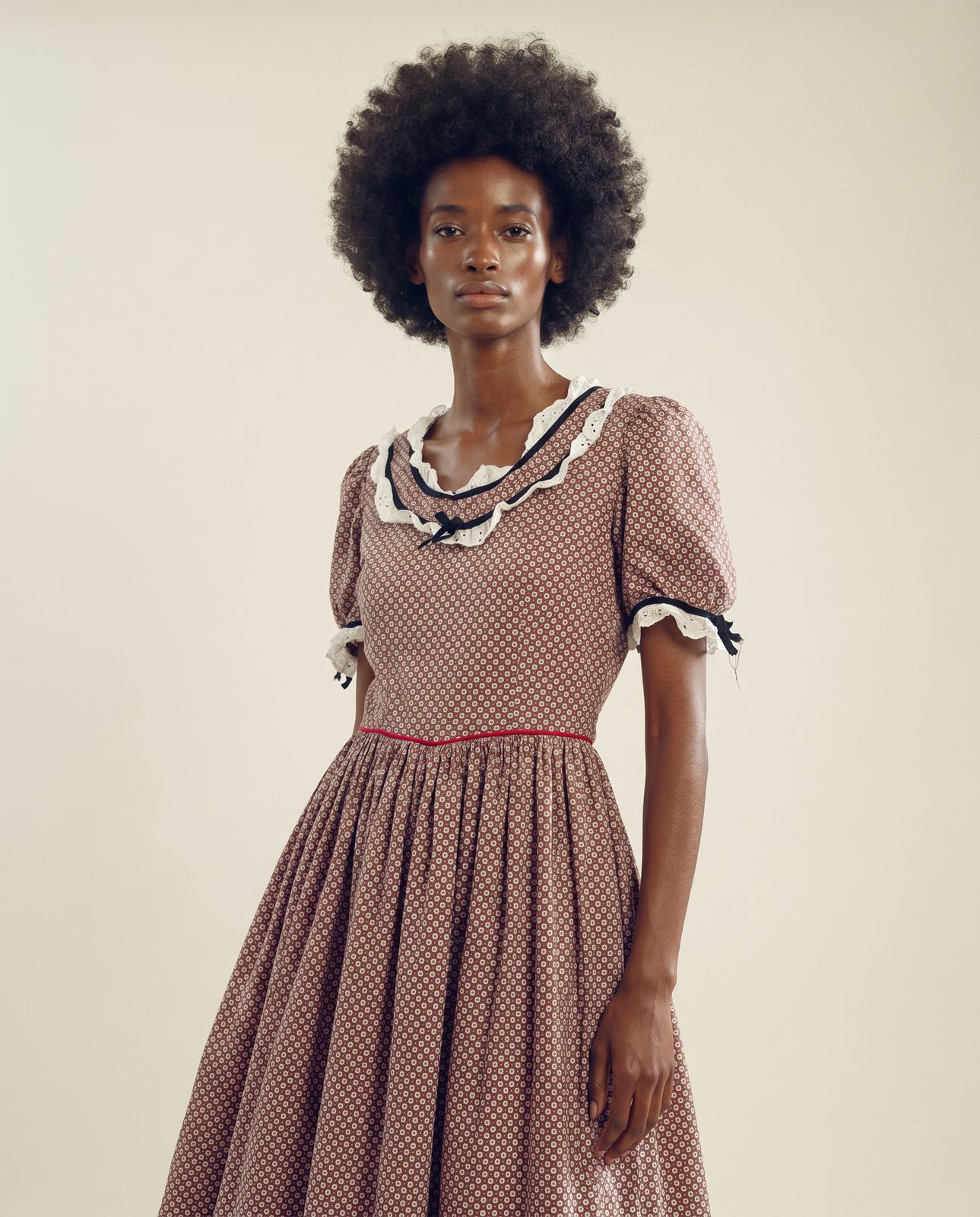 Vintage Prairie Calico Midi Dress with Eyelet Trim