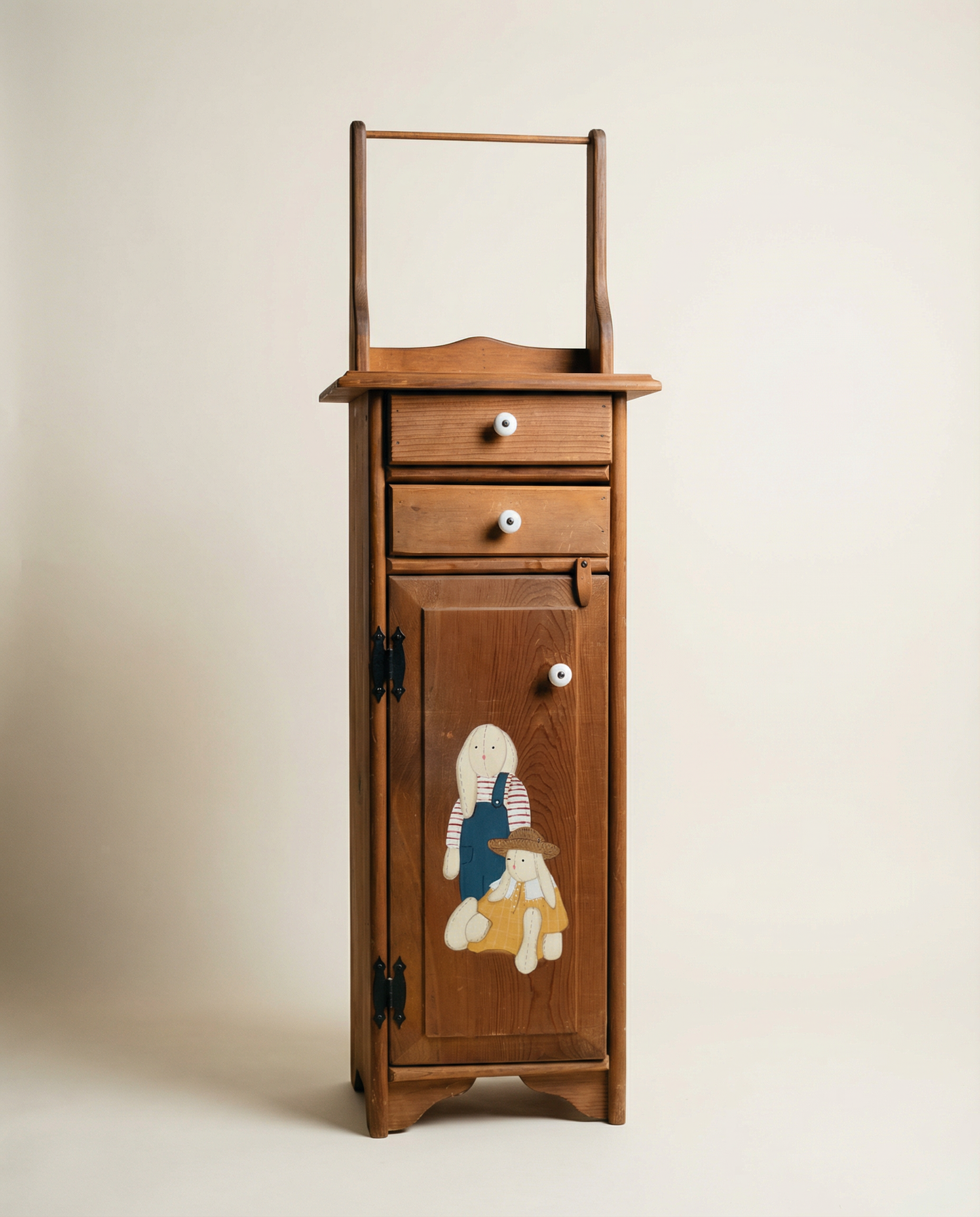 Vintage Pine Wall Cabinet with Hand-Painted Folk Art Detail