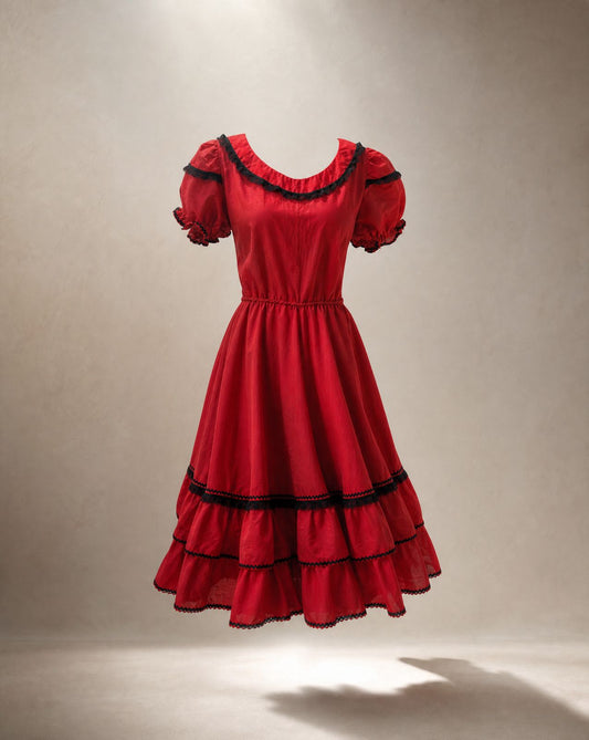 Vintage Red Puff Sleeve Party Dress – Size XS/S