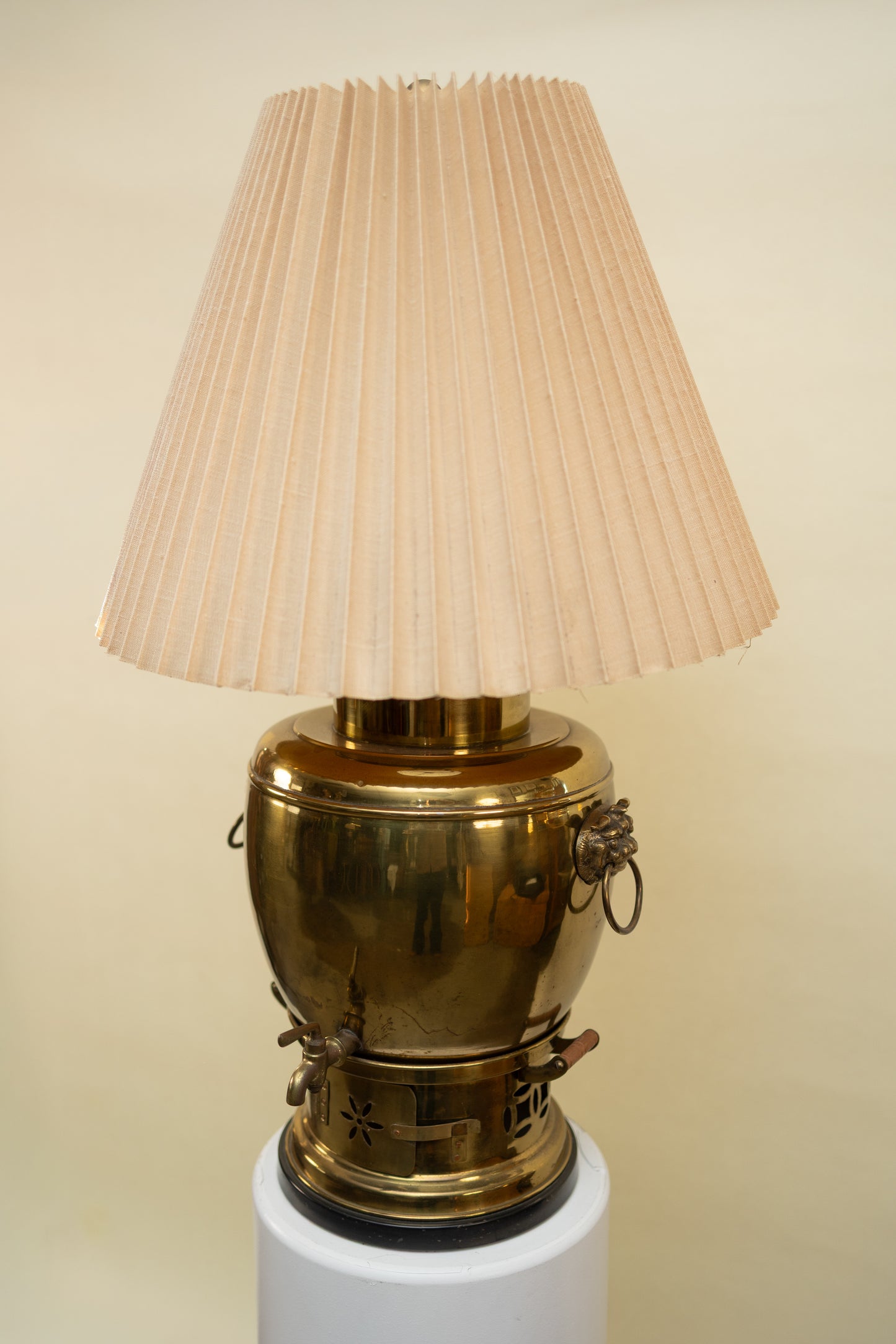 Vintage Brass Samovar-Style Lamp w/ Pleated Linen Shade
