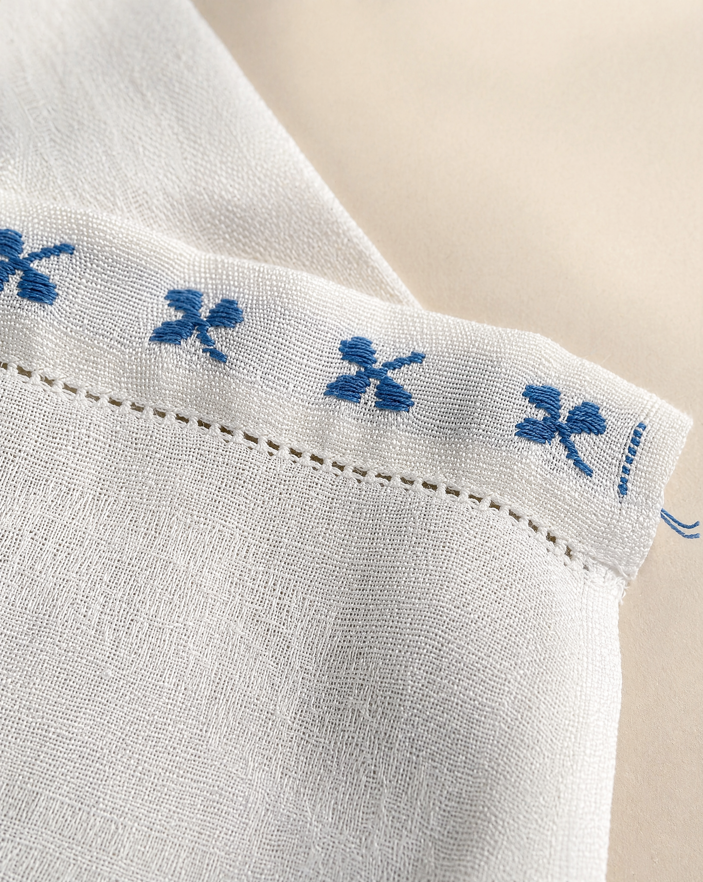 Vintage Linen Kitchen Towel with Blue Embroidered Trim