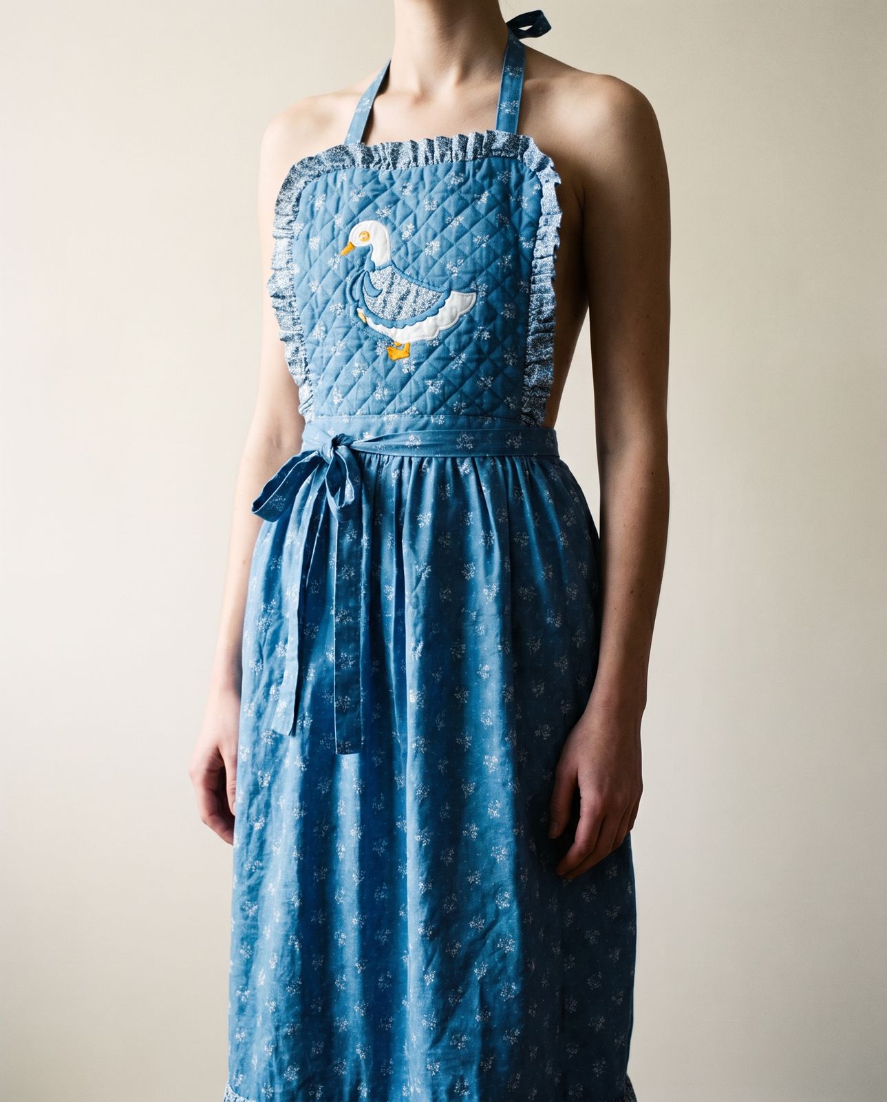 Vintage Blue Calico Apron Dress with Quilted Goose Bodice