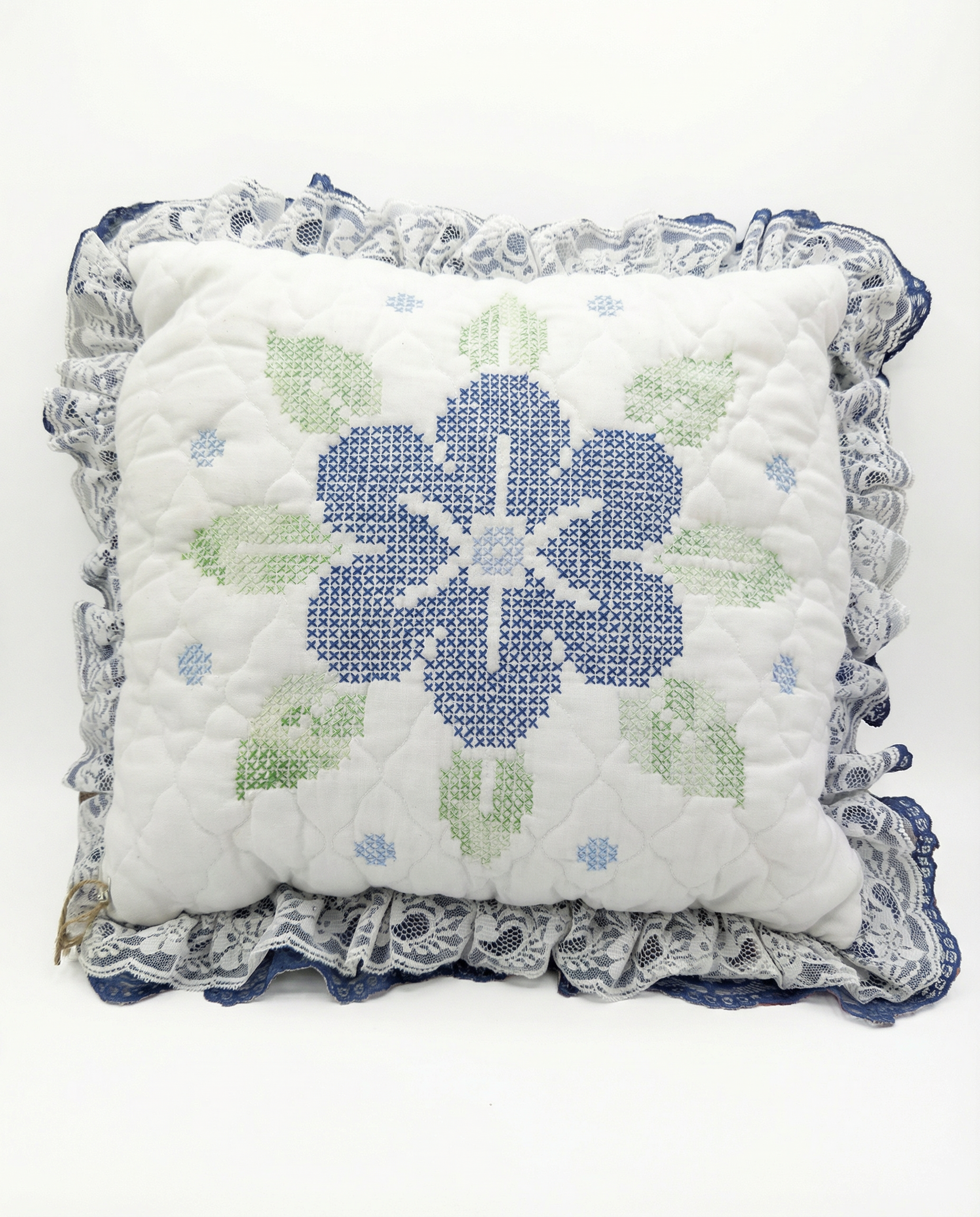 Vintage Cross-Stitched Floral Pillow with Lace Ruffle Trim