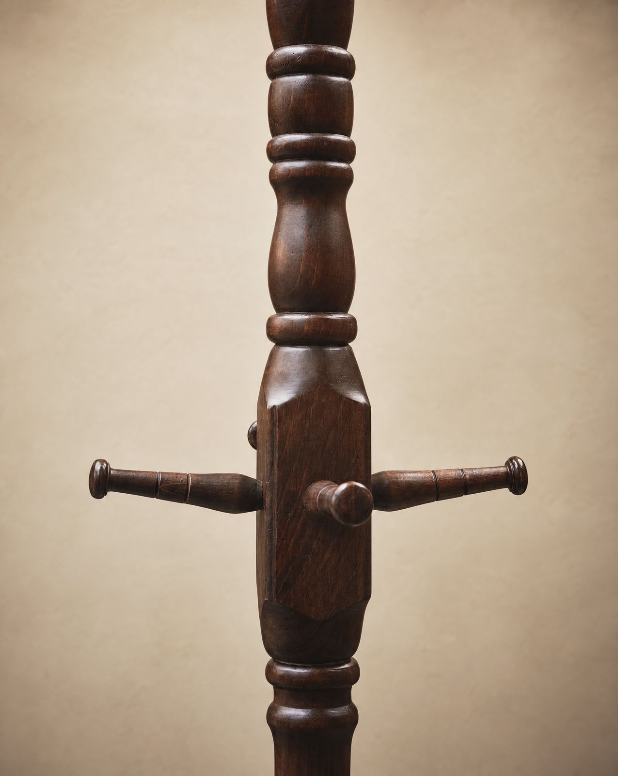 Vintage Oak Hall Tree Coat Rack with Porcelain Hooks