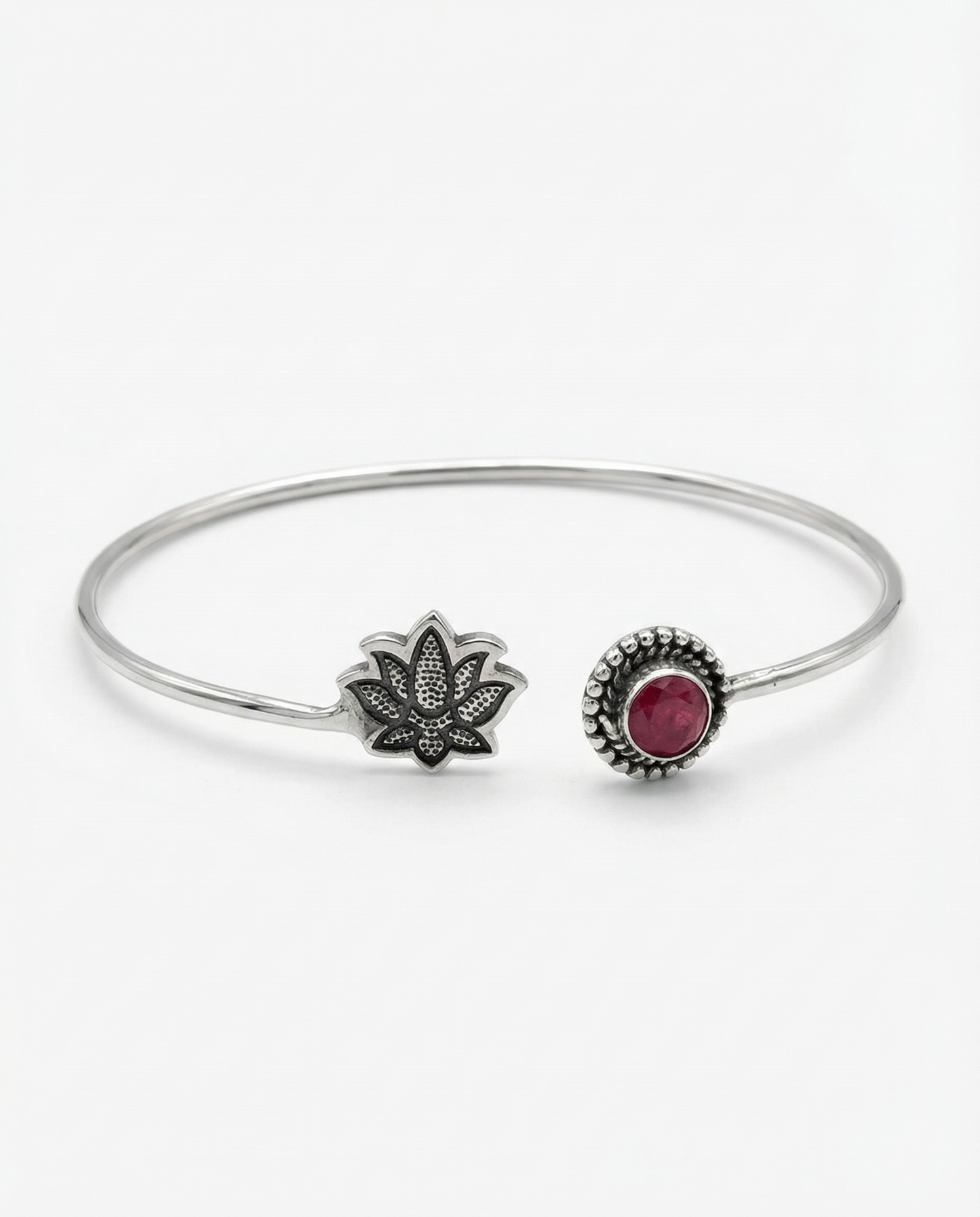 Sterling Silver Lotus & Garnet Open Cuff Bracelet
