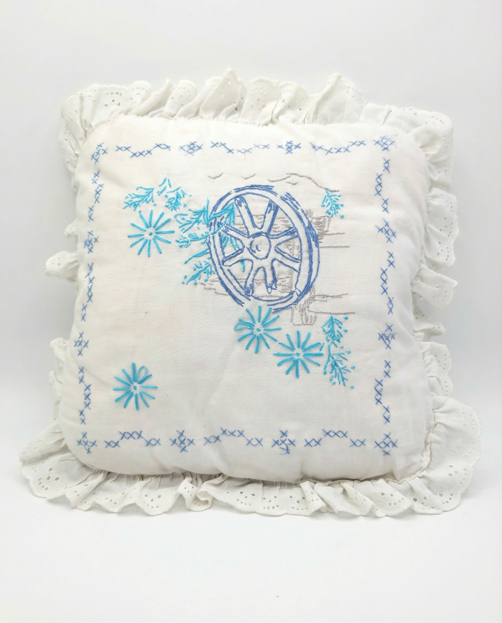 Vintage Embroidered Decorative Pillow with Eyelet Ruffle Trim