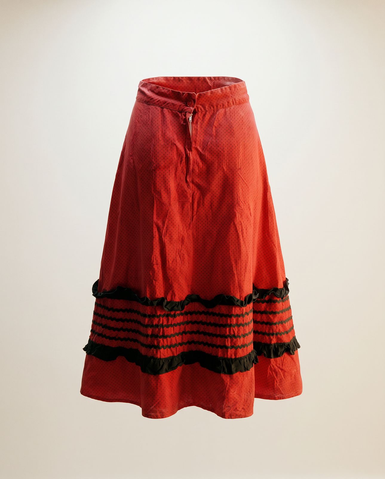Vintage Red Polka Dot Prairie Skirt w/ Black Ruffle Trim