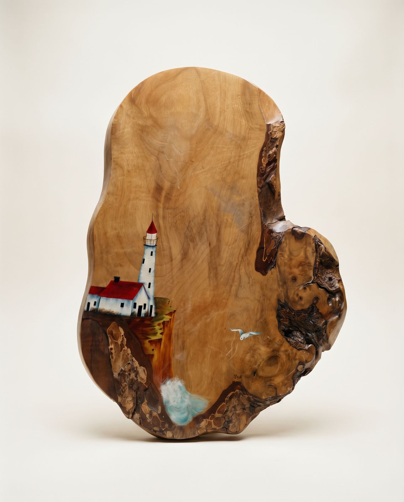 Hand-Painted Live Edge Wood Slab Wall Art – Lighthouse Coastal Scene