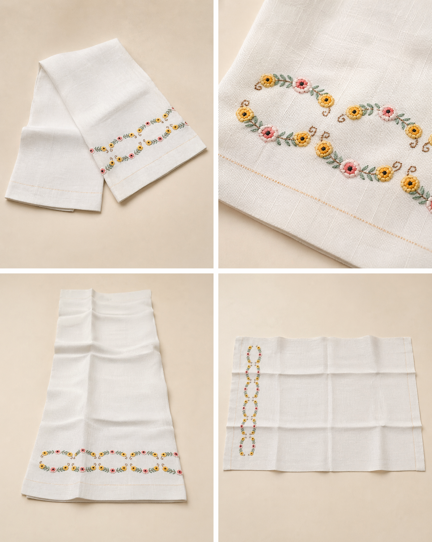 Vintage Linen Towel with Hand-Embroidered Floral Garland
