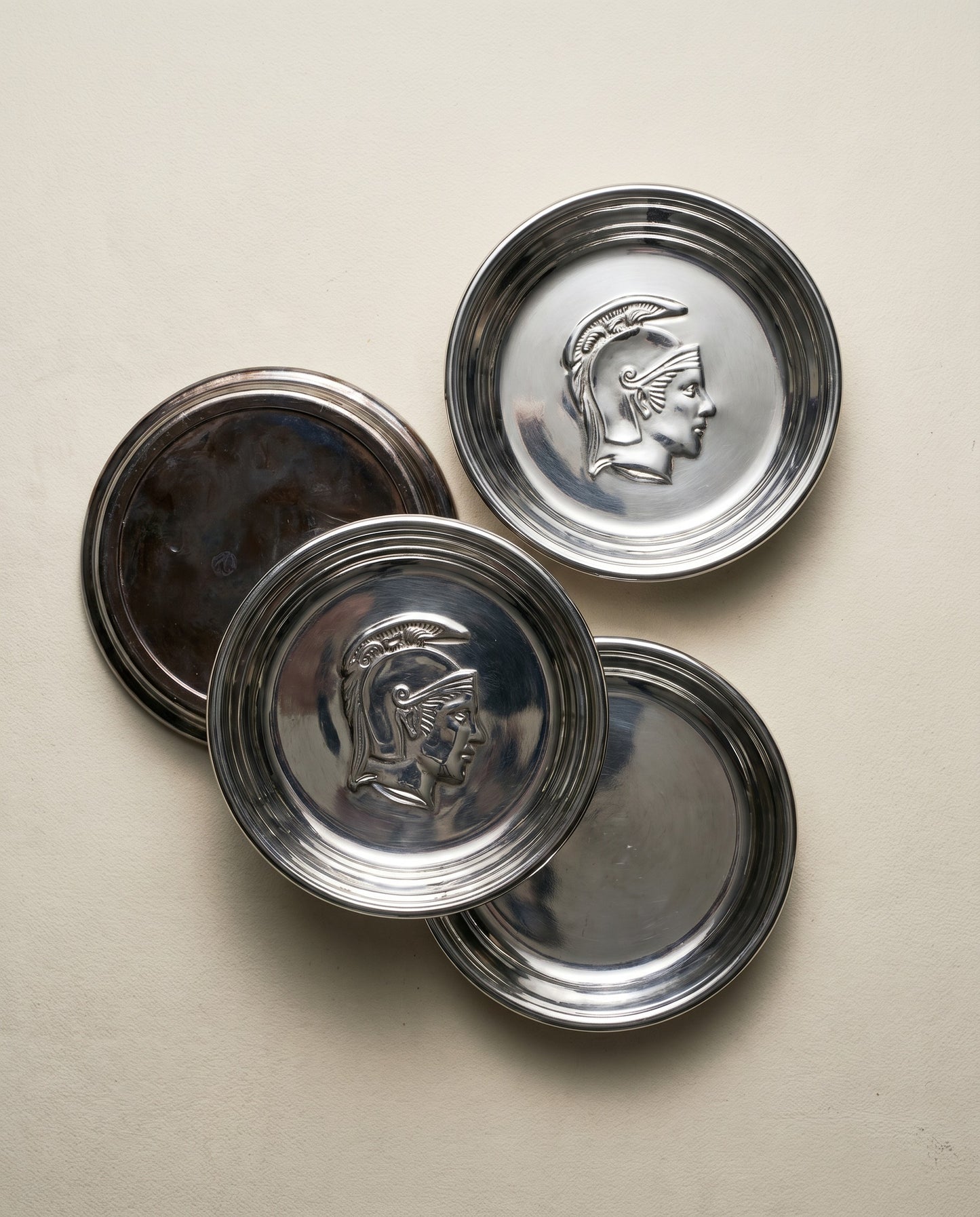 Vintage Chrome Coasters – Classical Gladiator Helmet Motif (Set of 6)