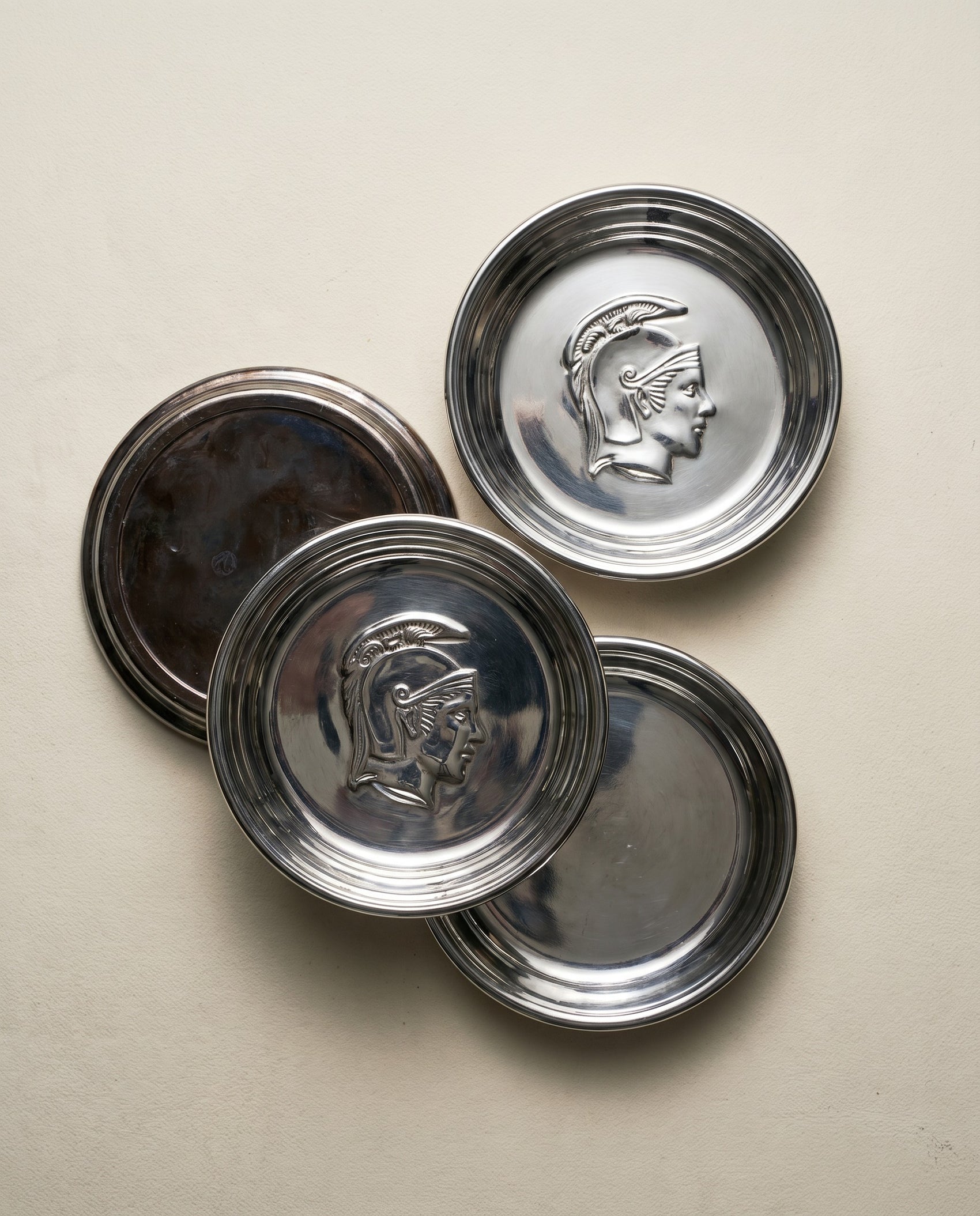 Vintage Chrome Coasters – Classical Gladiator Helmet Motif (Set of 6)