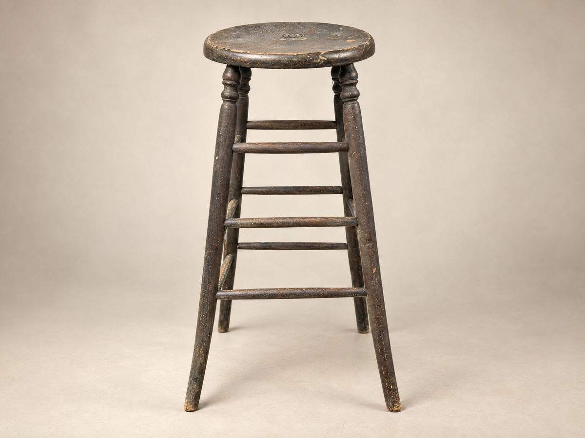 Antique Primitive Turned Wood Tall Stool with Maker’s Mark