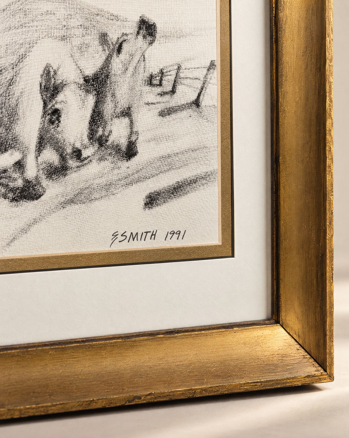 Vintage 1991 G. Smith Cattle Charcoal-Style Artwork in Gold Frame – 24.5" W × 20.5" H