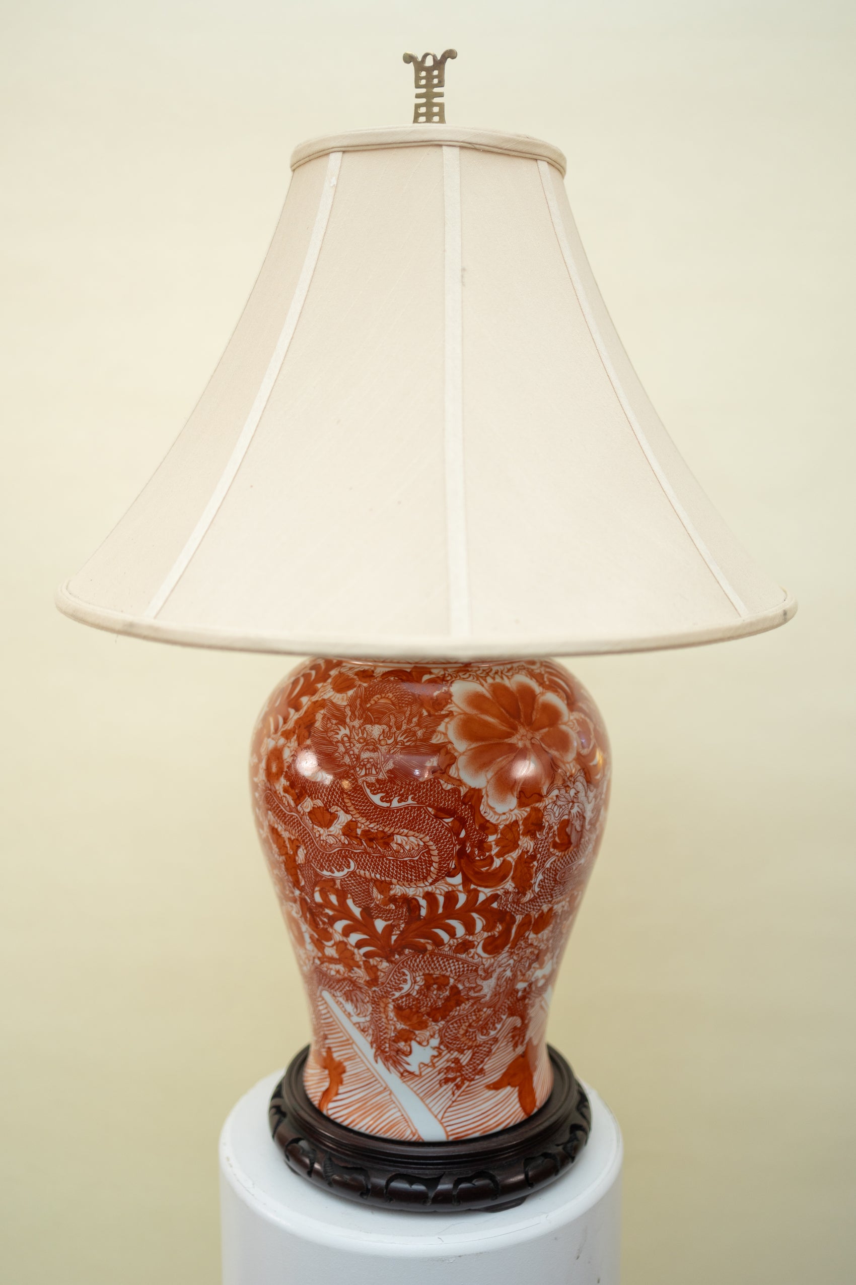 Vintage Porcelain Lamp — Burnt Orange Dragon Motif with Linen Shade