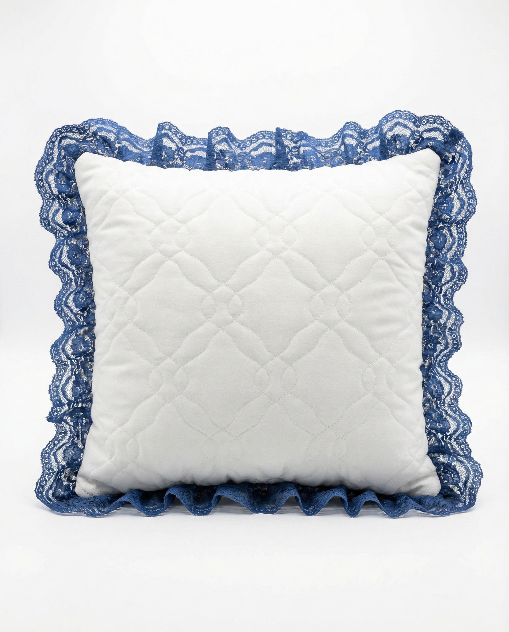 Vintage Cross-Stitched Floral Pillow with Lace Ruffle Trim