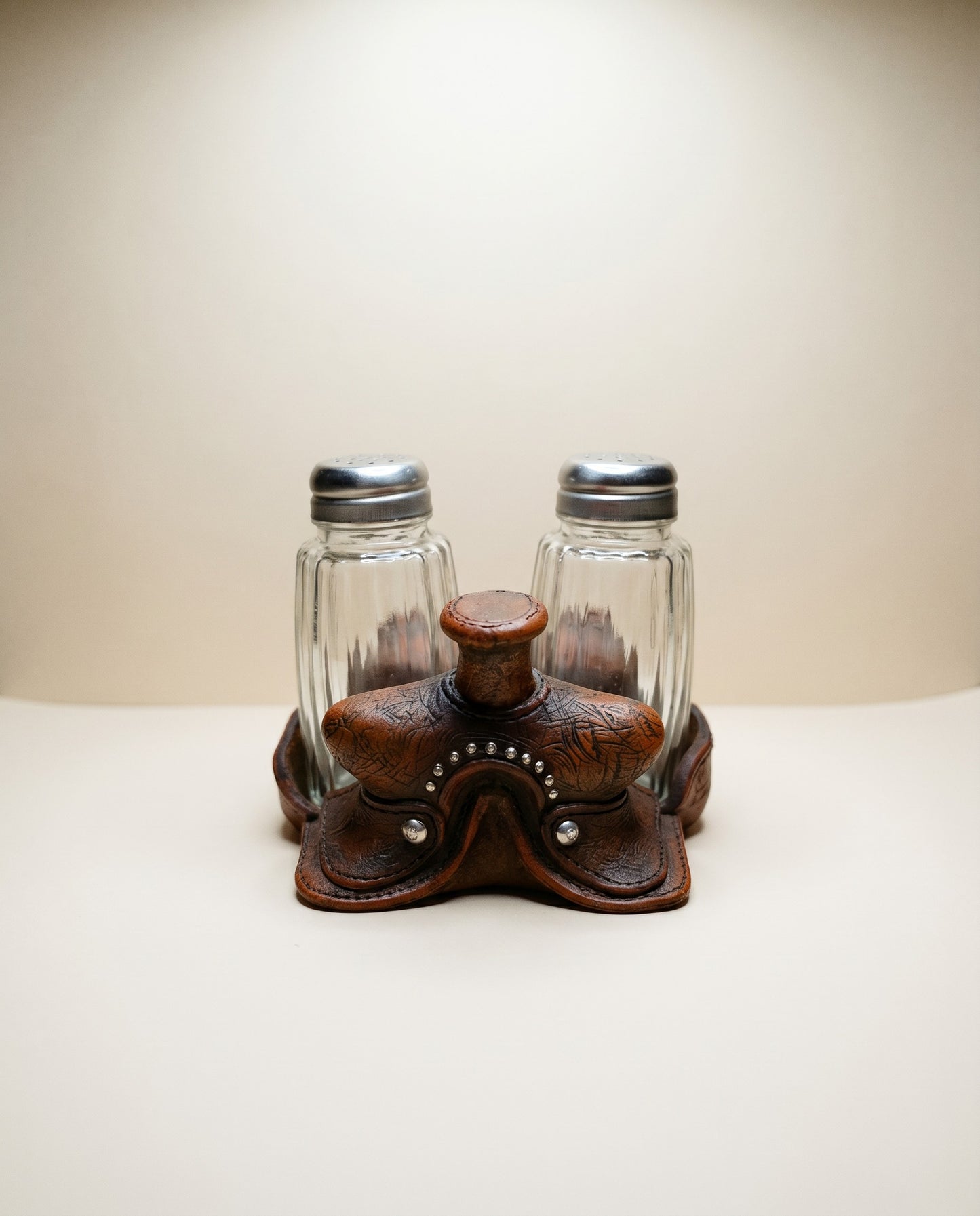 Vintage Western Saddle Salt & Pepper Shaker Set w/ Holder