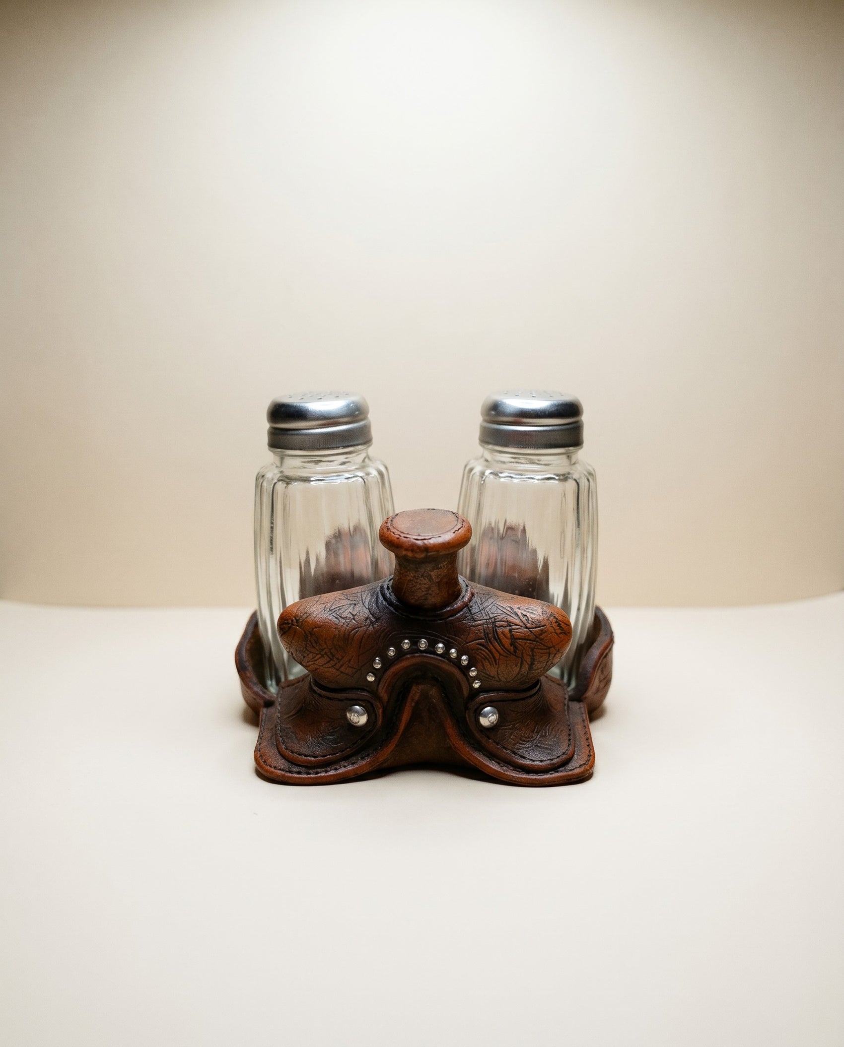 Vintage Western Saddle Salt & Pepper Shaker Set w/ Holder