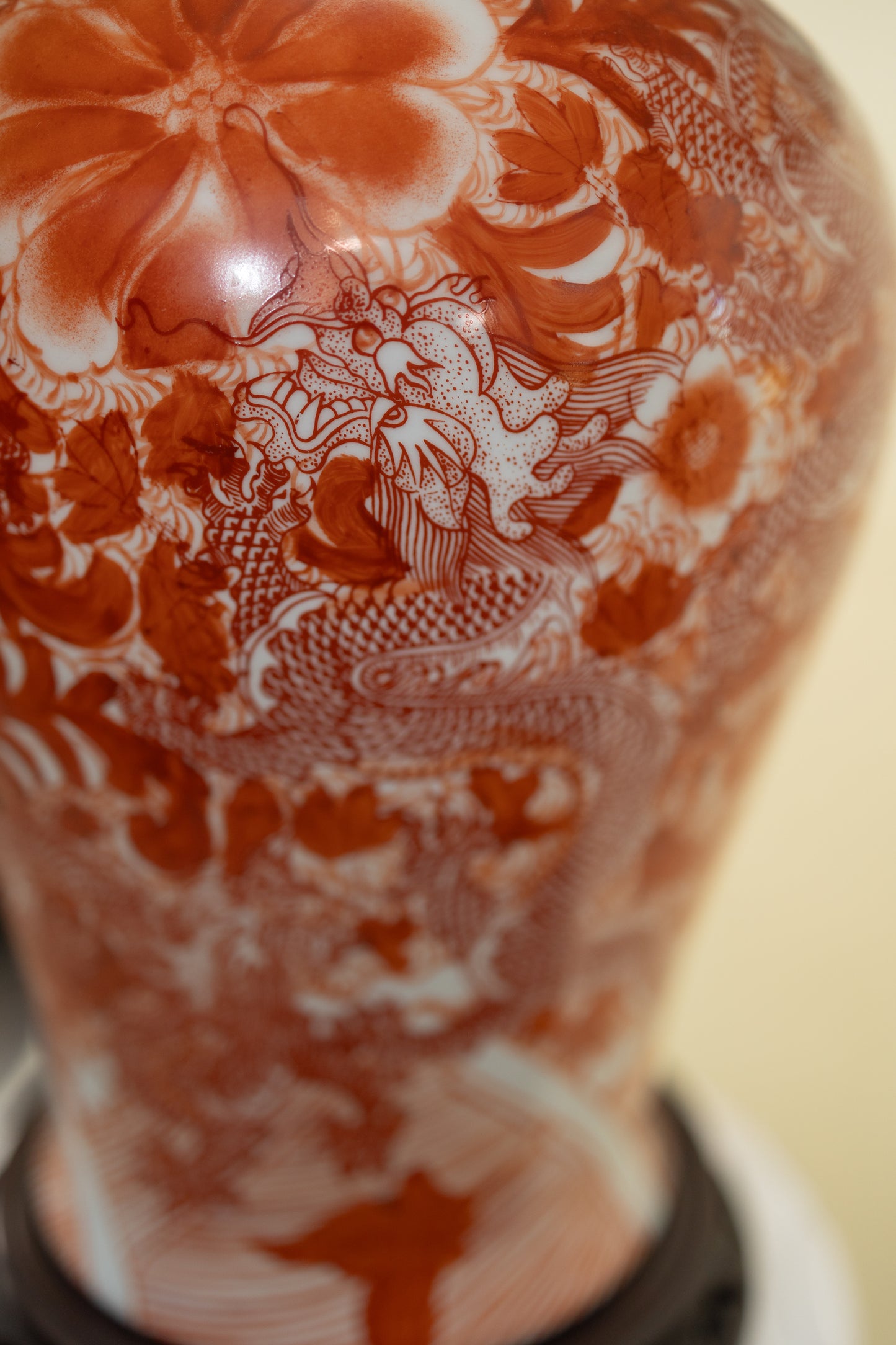 Vintage Porcelain Lamp — Burnt Orange Dragon Motif with Linen Shade