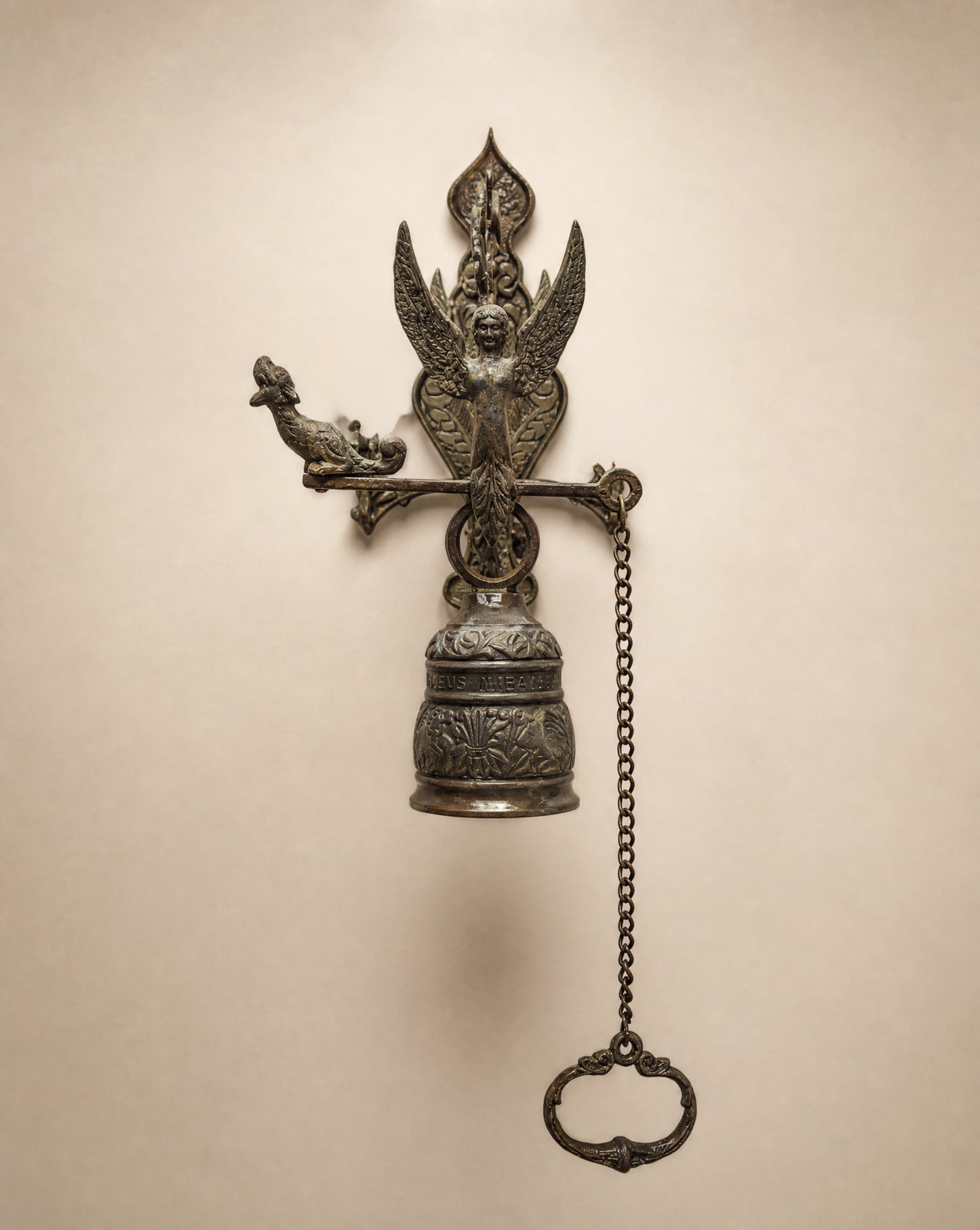 Vintage Cast Iron Angel Wall Bell with Latin Inscription – Victorian Style
