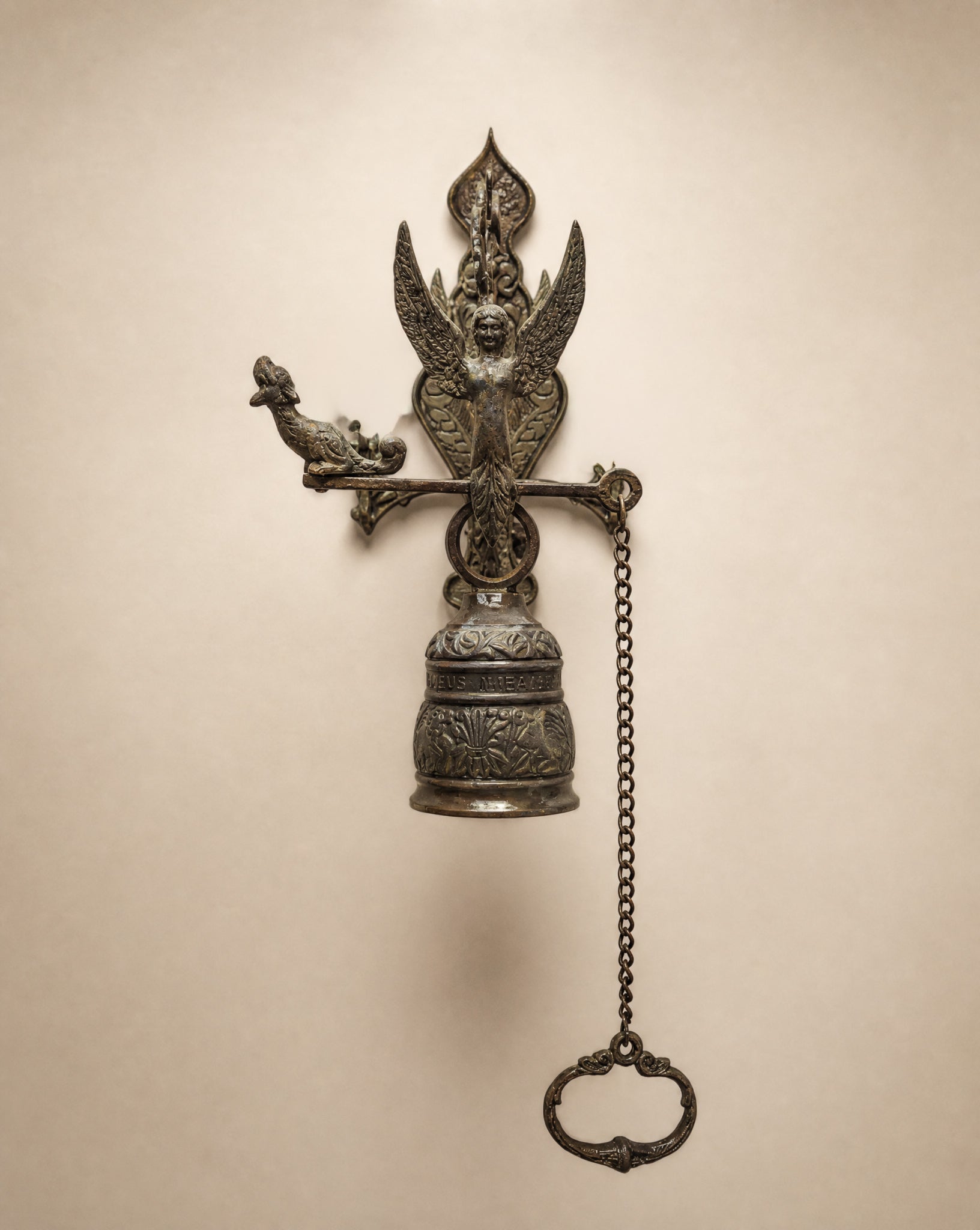 Vintage Cast Iron Angel Wall Bell with Latin Inscription – Victorian Style