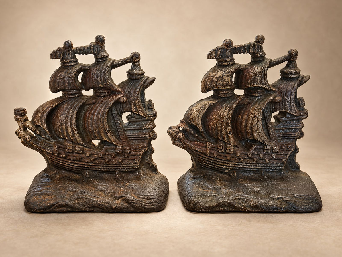 Pair of Vintage Cast Iron Galleon Ship Bookends