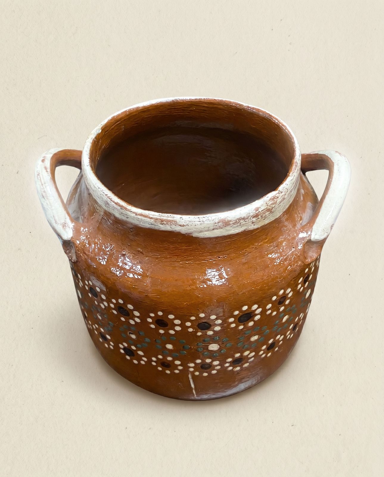 Handcrafted Mexican Folk Art Pottery Olla Vase with Floral Dot Decoration