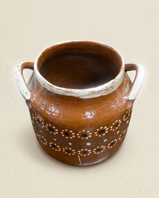 Handcrafted Mexican Folk Art Pottery Olla Vase with Floral Dot Decoration