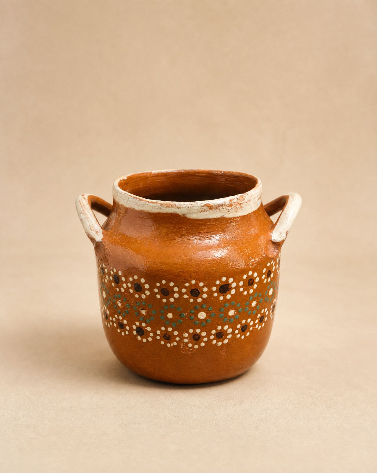 Handcrafted Mexican Folk Art Pottery Olla Vase with Floral Dot Decoration