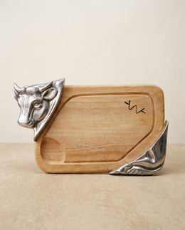 Vintage Bull Carving Board & Serving Tray with Cast Aluminum Longhorn Handles