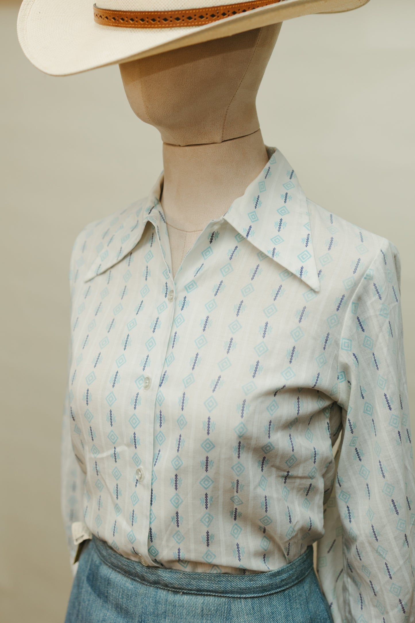 Vintage 1970s Printed Cotton Blouse with Western Collar