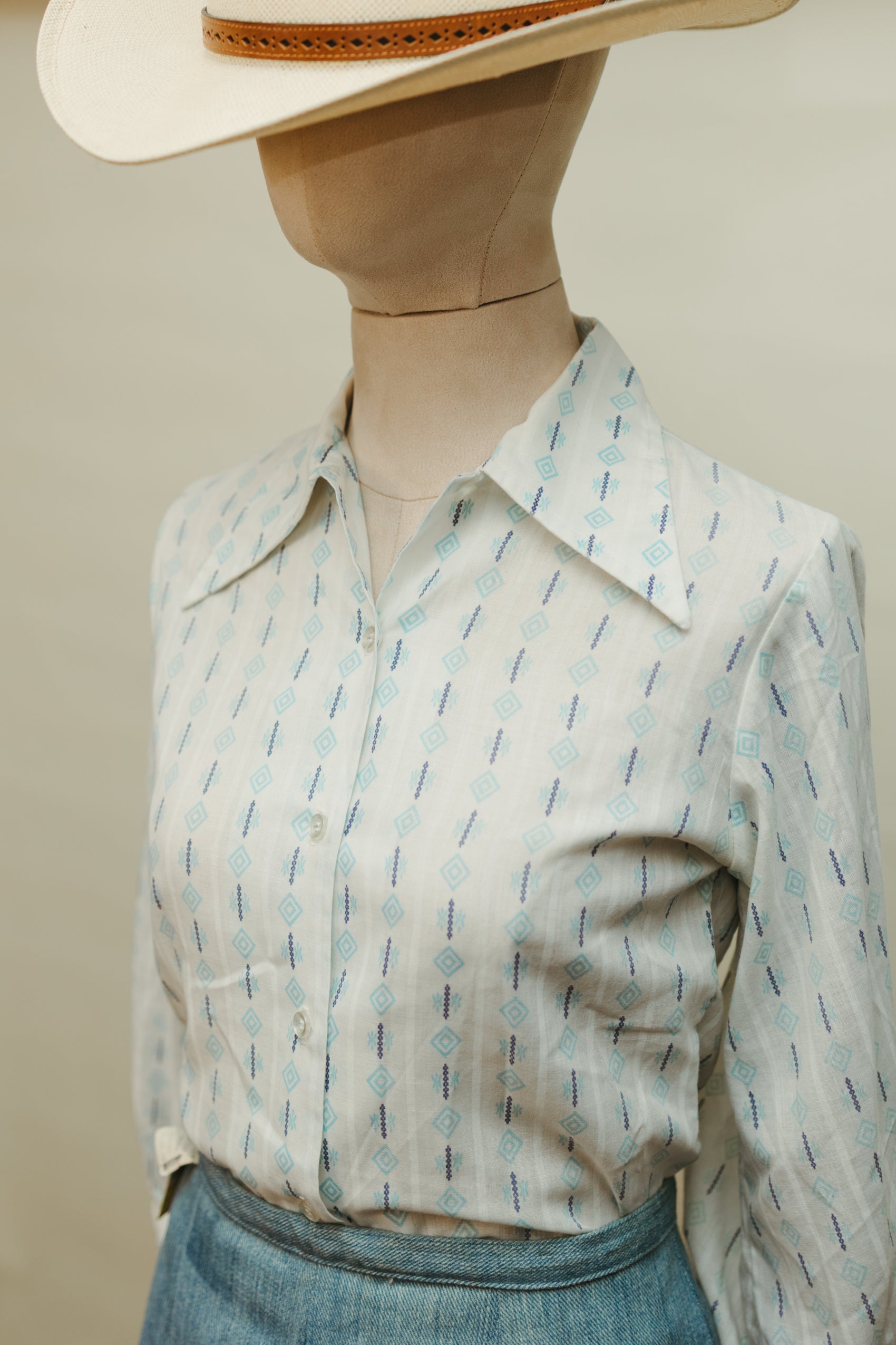 Vintage 1970s Printed Cotton Blouse with Western Collar