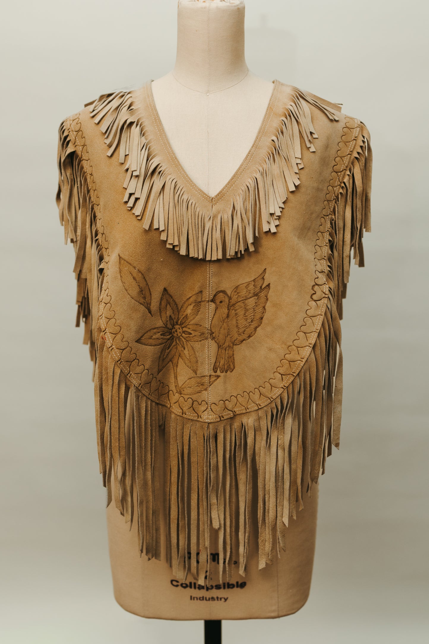 Hand Crafted Suede Leather Fringe Poncho with Hummingbird & Floral Tooling