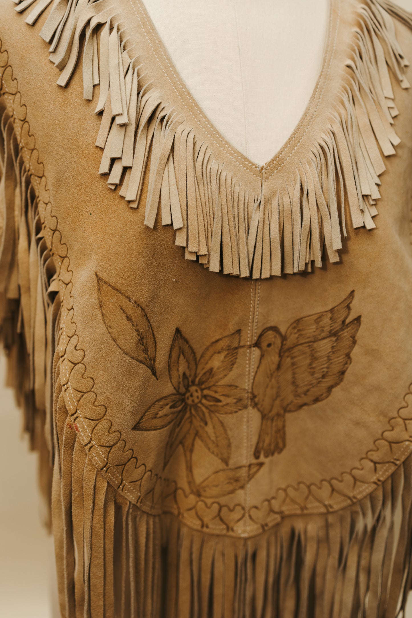 Hand Crafted Suede Leather Fringe Poncho with Hummingbird & Floral Tooling