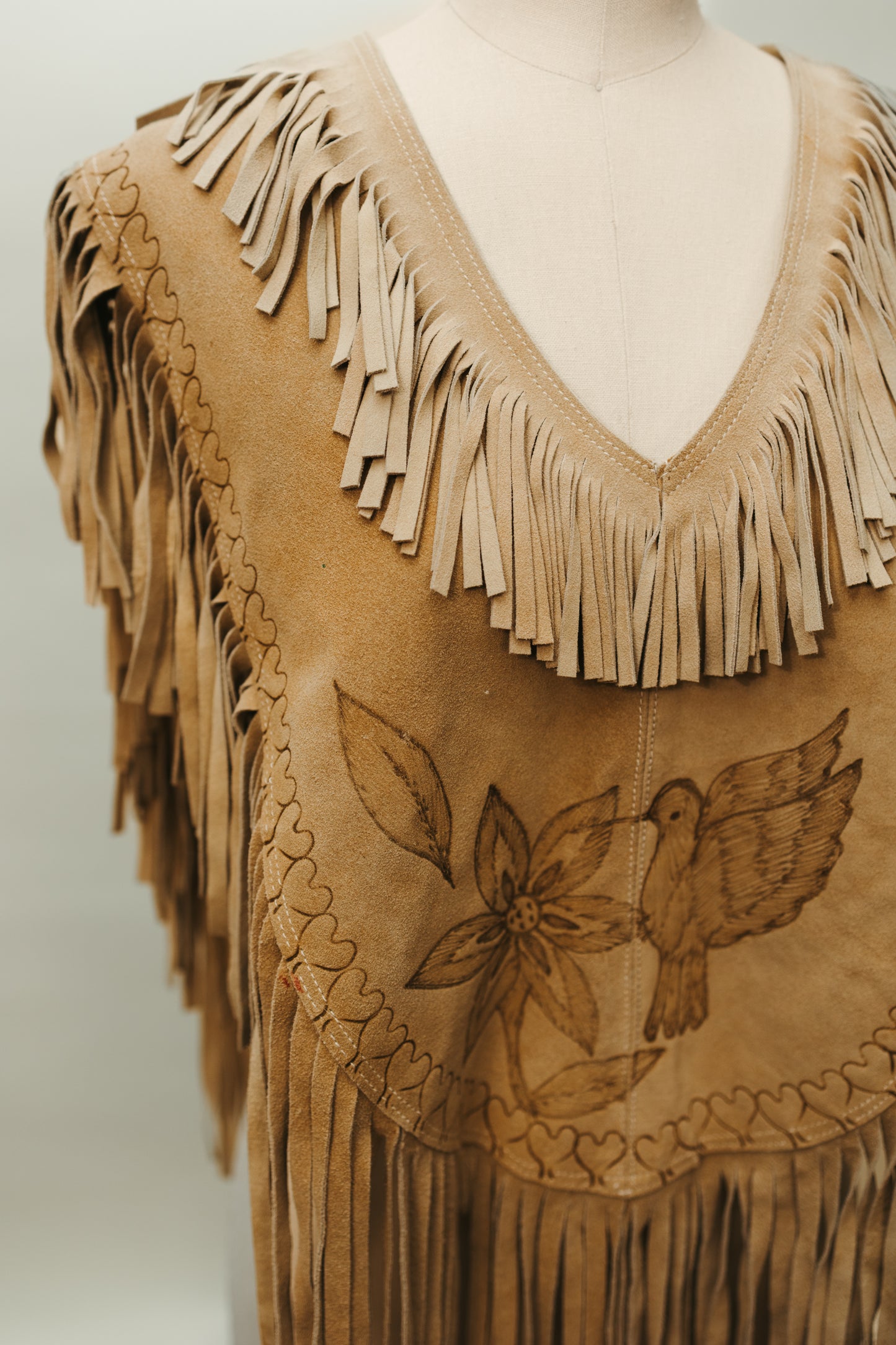 Hand Crafted Suede Leather Fringe Poncho with Hummingbird & Floral Tooling