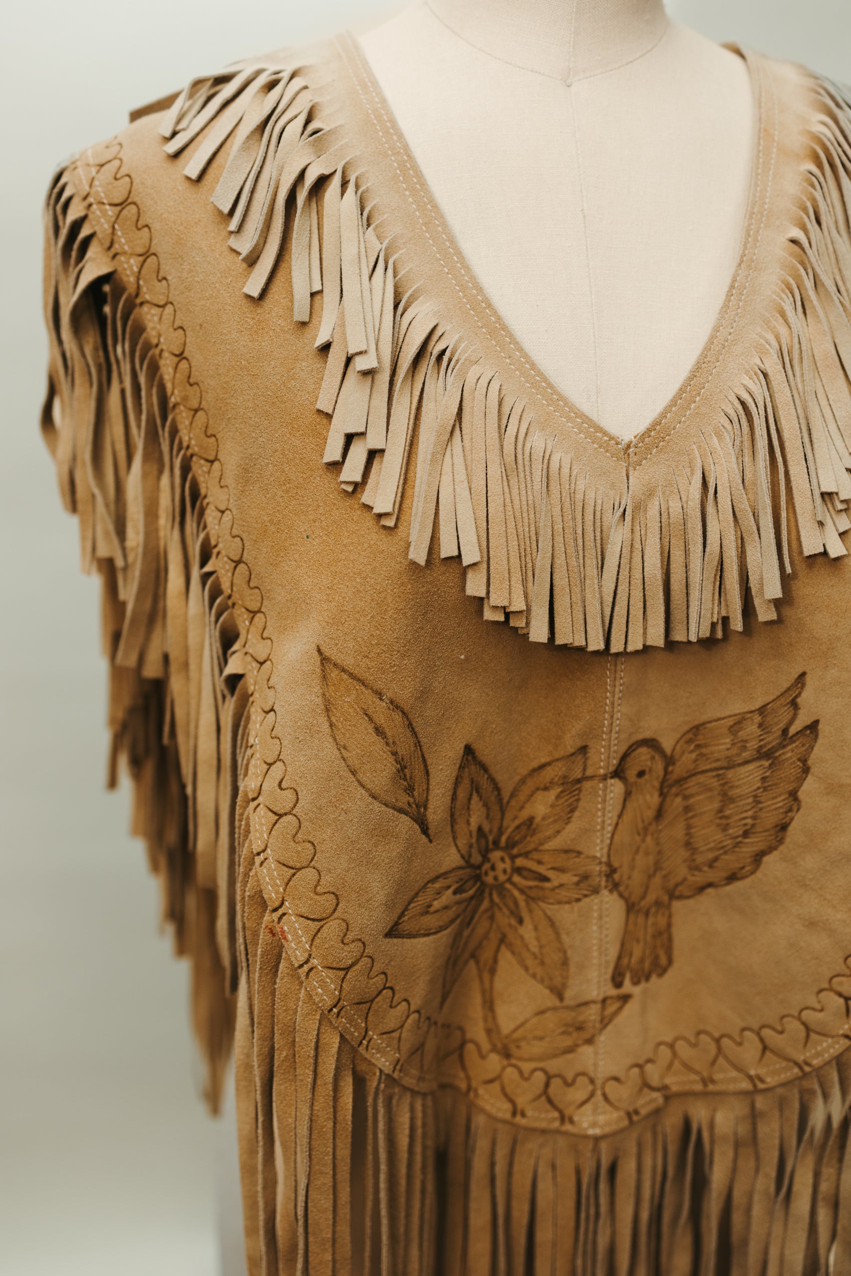 Hand Crafted Suede Leather Fringe Poncho with Hummingbird & Floral Tooling