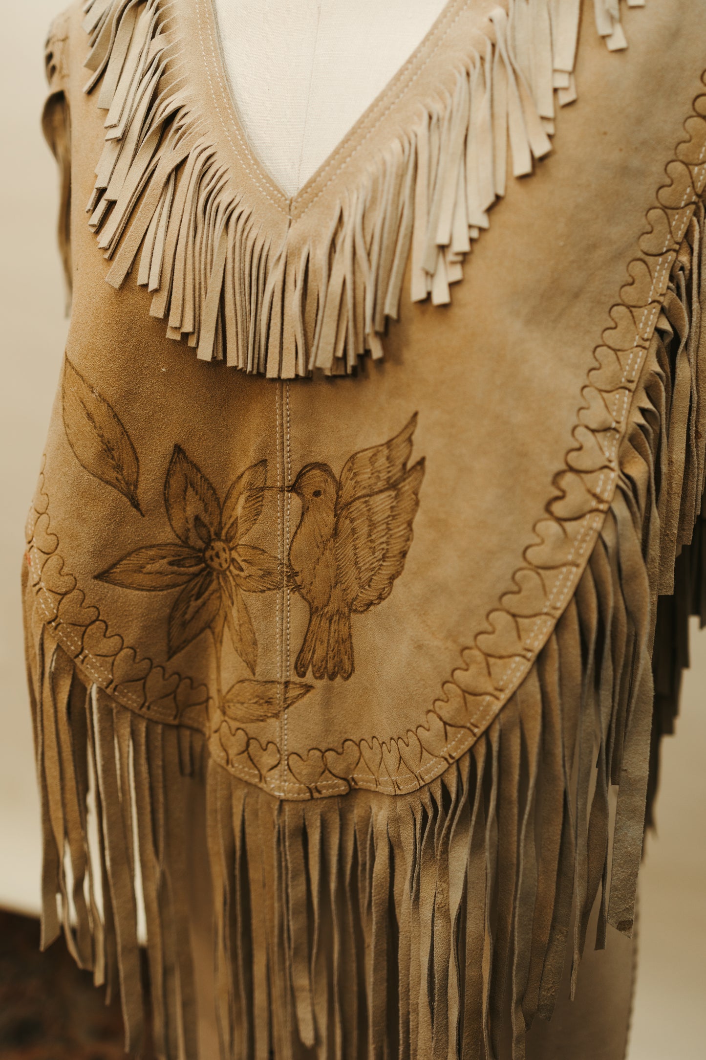 Hand Crafted Suede Leather Fringe Poncho with Hummingbird & Floral Tooling