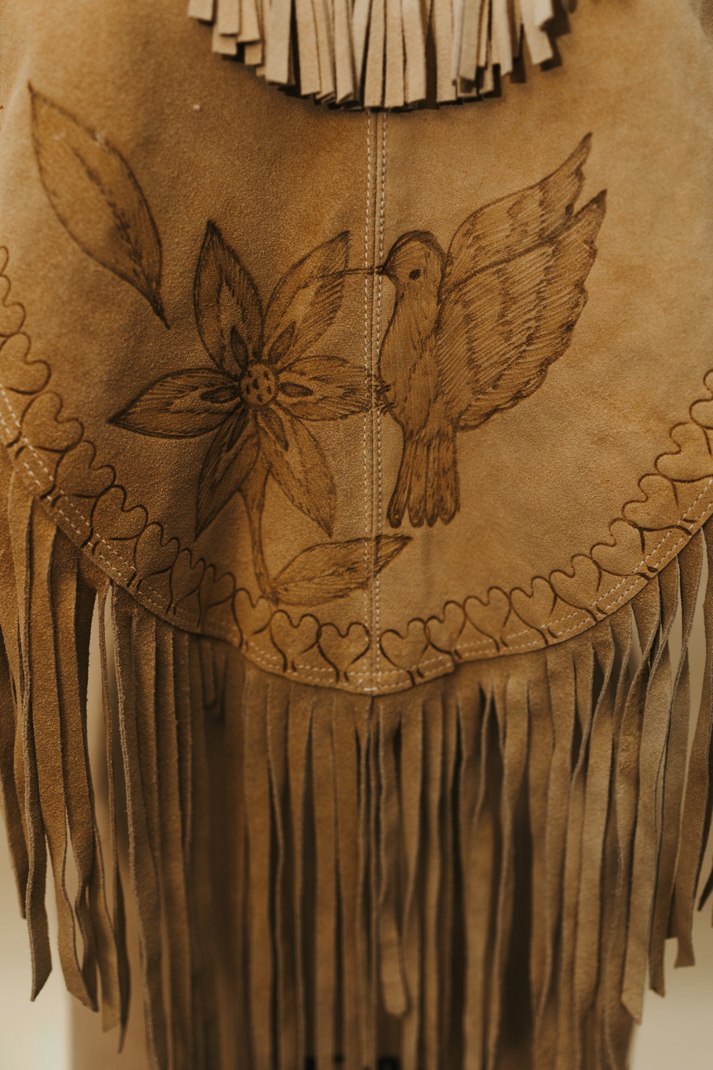 Hand Crafted Suede Leather Fringe Poncho with Hummingbird & Floral Tooling