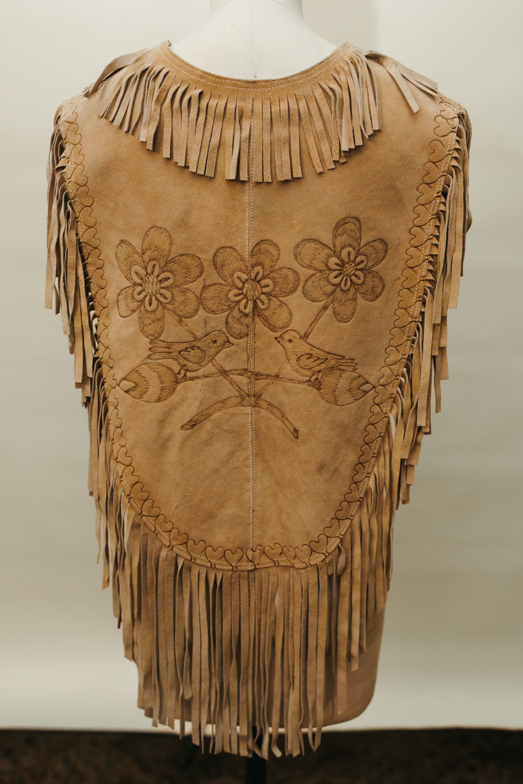 Hand Crafted Suede Leather Fringe Poncho with Hummingbird & Floral Tooling