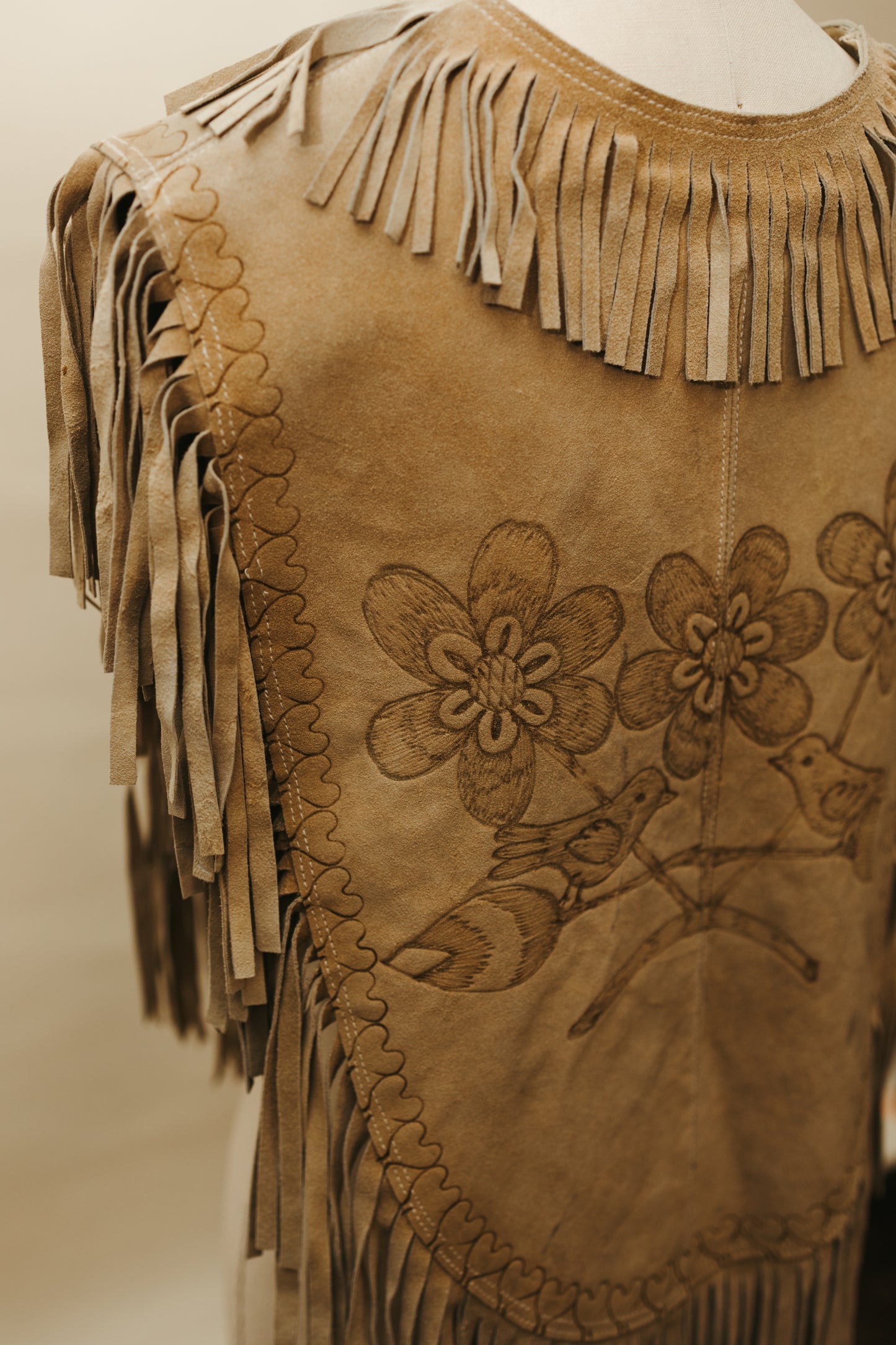 Hand Crafted Suede Leather Fringe Poncho with Hummingbird & Floral Tooling