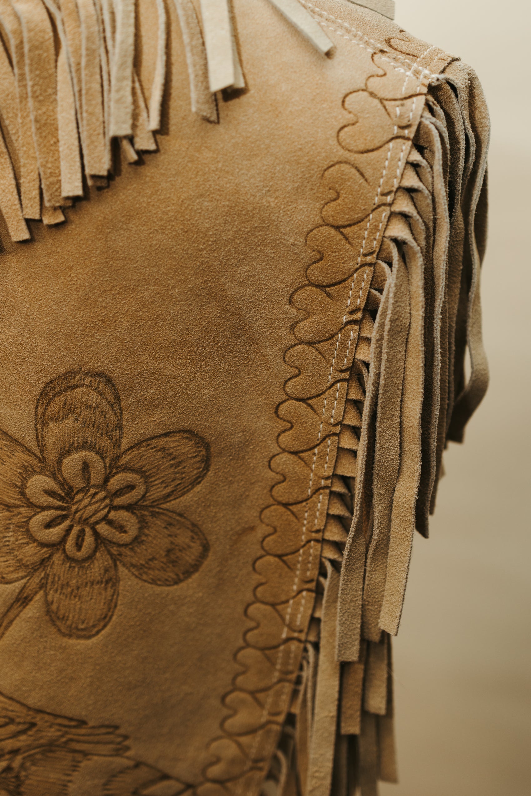 Hand Crafted Suede Leather Fringe Poncho with Hummingbird & Floral Tooling