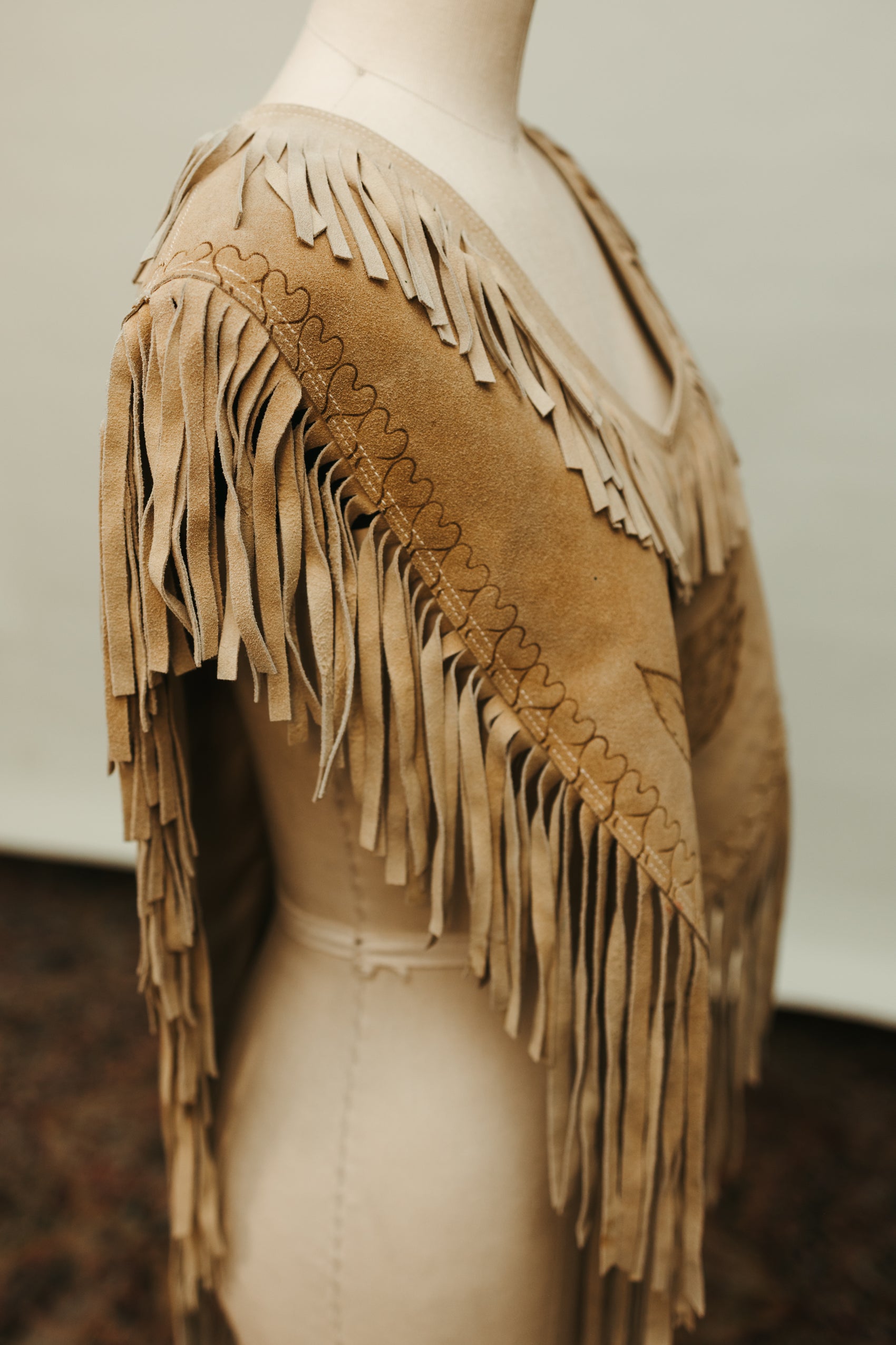 Hand Crafted Suede Leather Fringe Poncho with Hummingbird & Floral Tooling